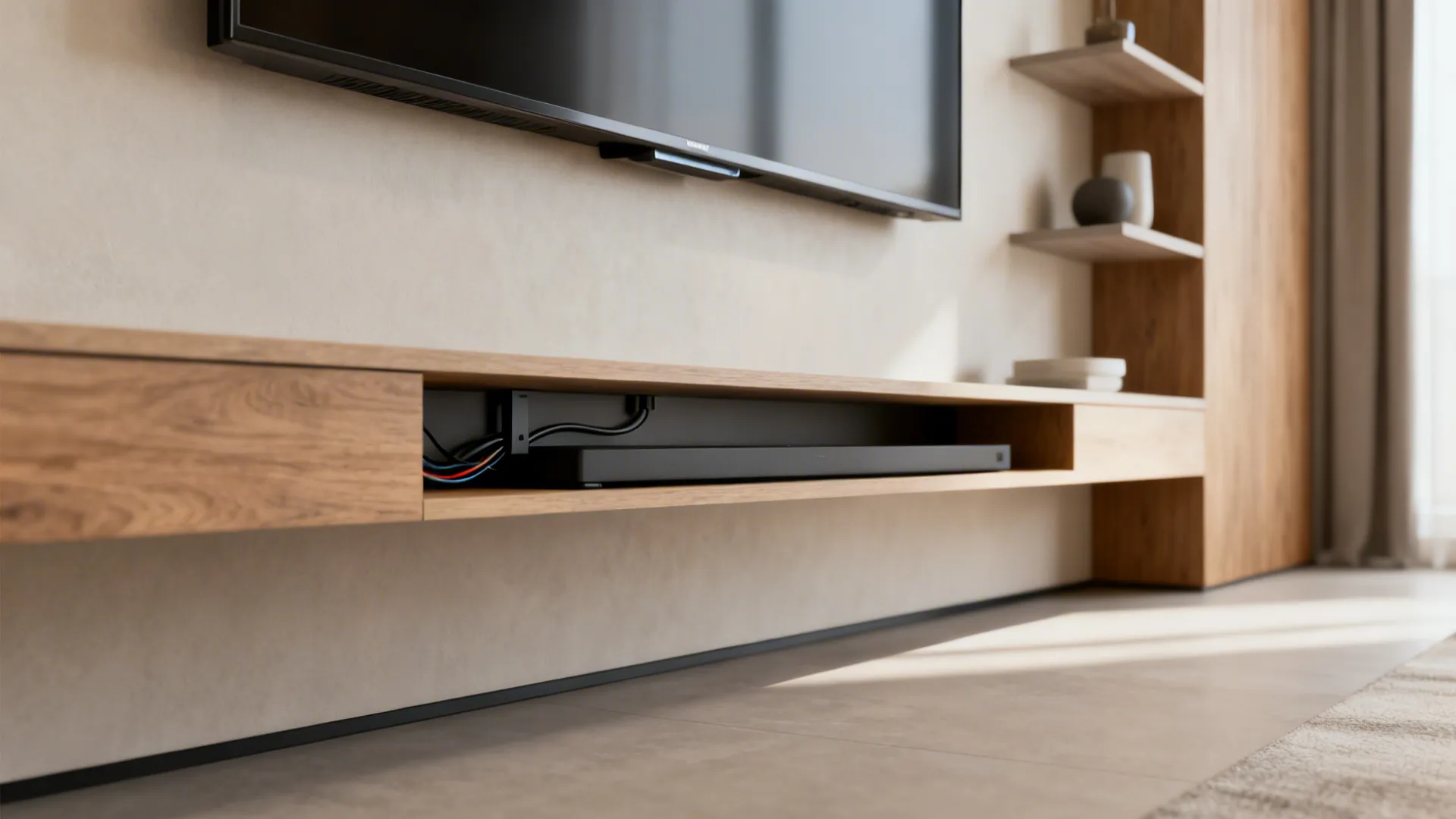 Slim floating console with a low-profile wall-mounted TV and concealed cable management.