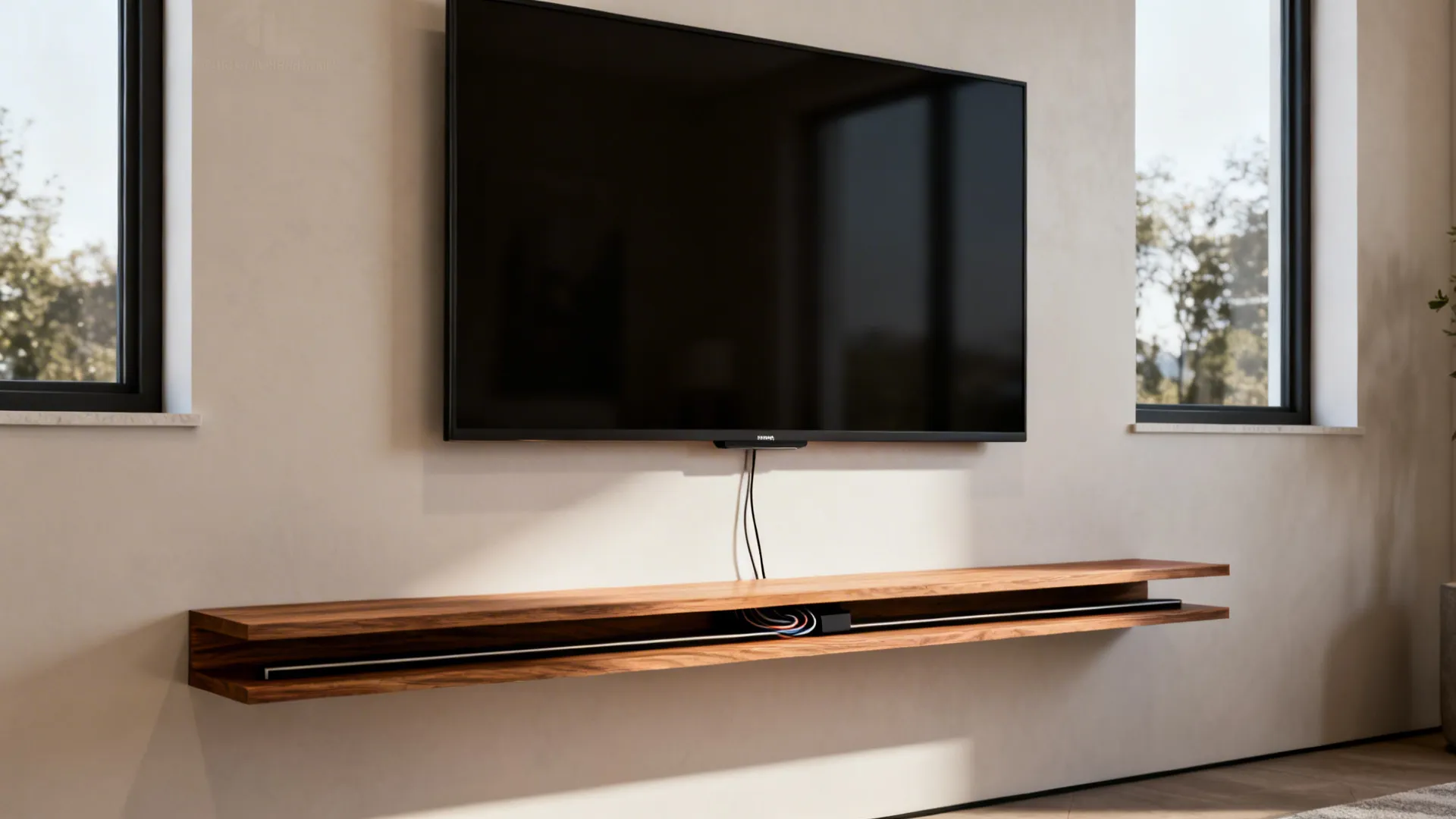 Slim floating media console beneath a wall-mounted TV centered between two windows