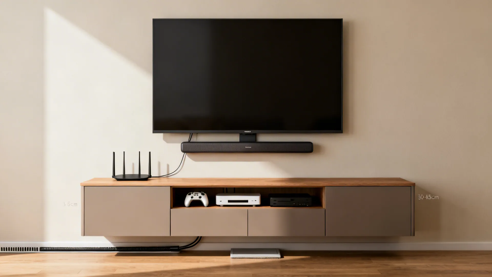 TV wall with a floating media console and slim soundbar, cables concealed for a clean modern look.