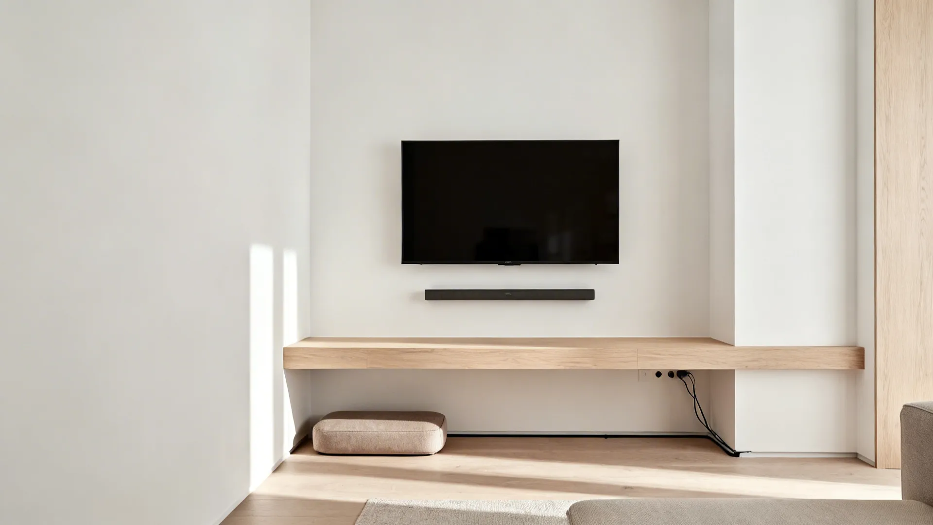 Slim floating console under a wall-mounted TV with hidden cables and a pouf tucked below.