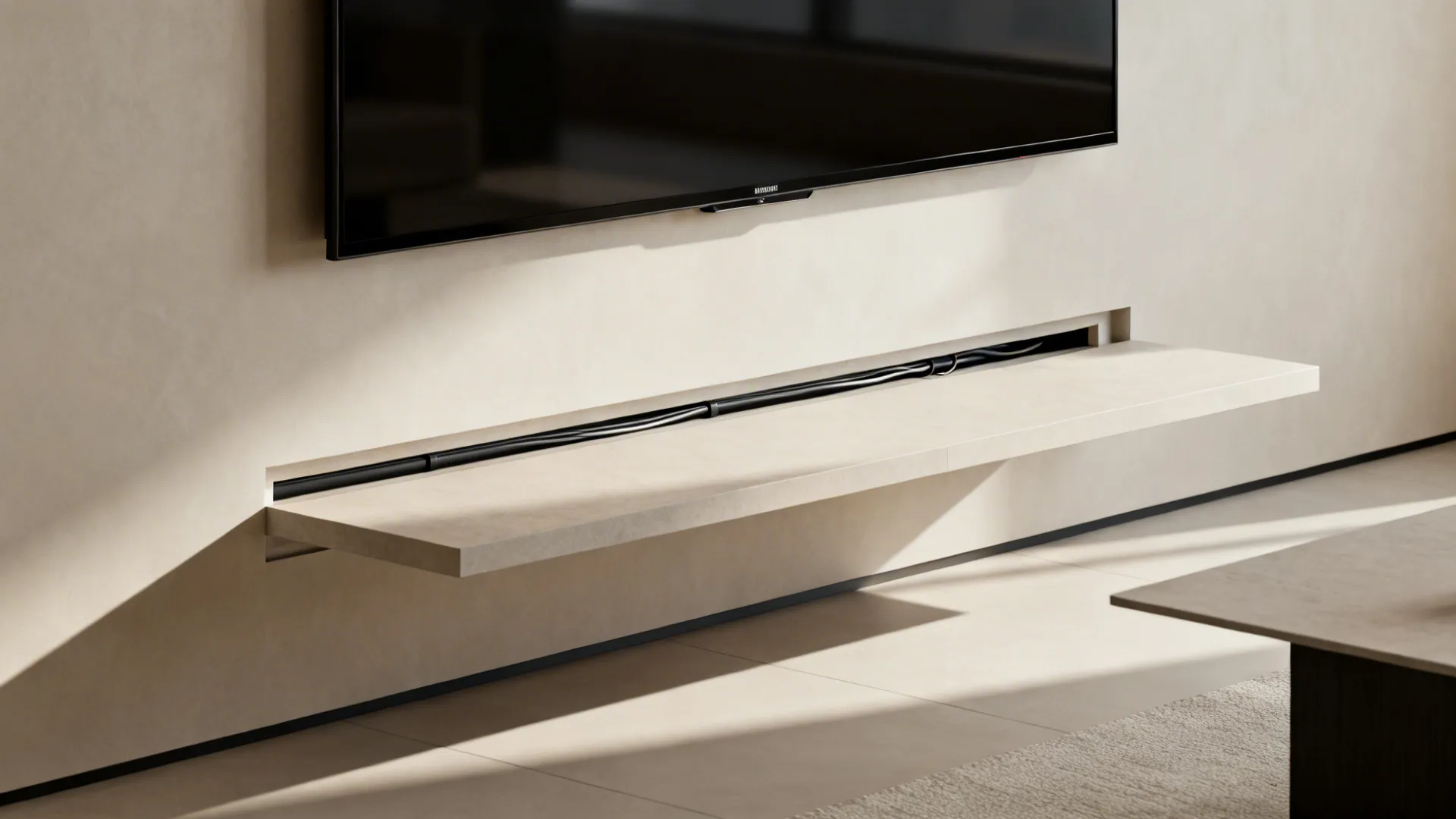 Floating console beneath a wall-mounted TV with concealed wiring and service hatch