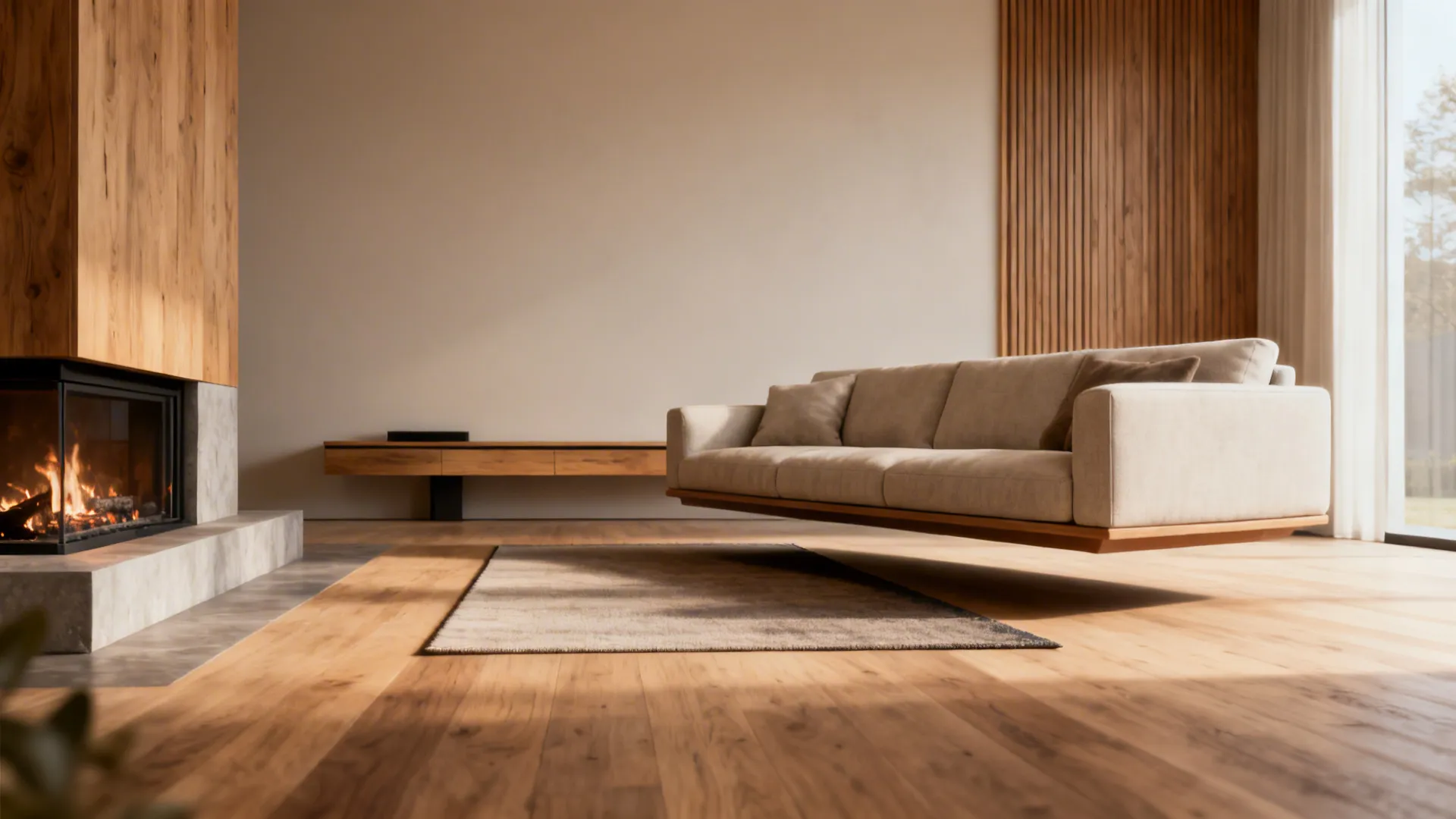 Modern living room with a floating beige sofa wood floor fireplace and warm natural sunlight