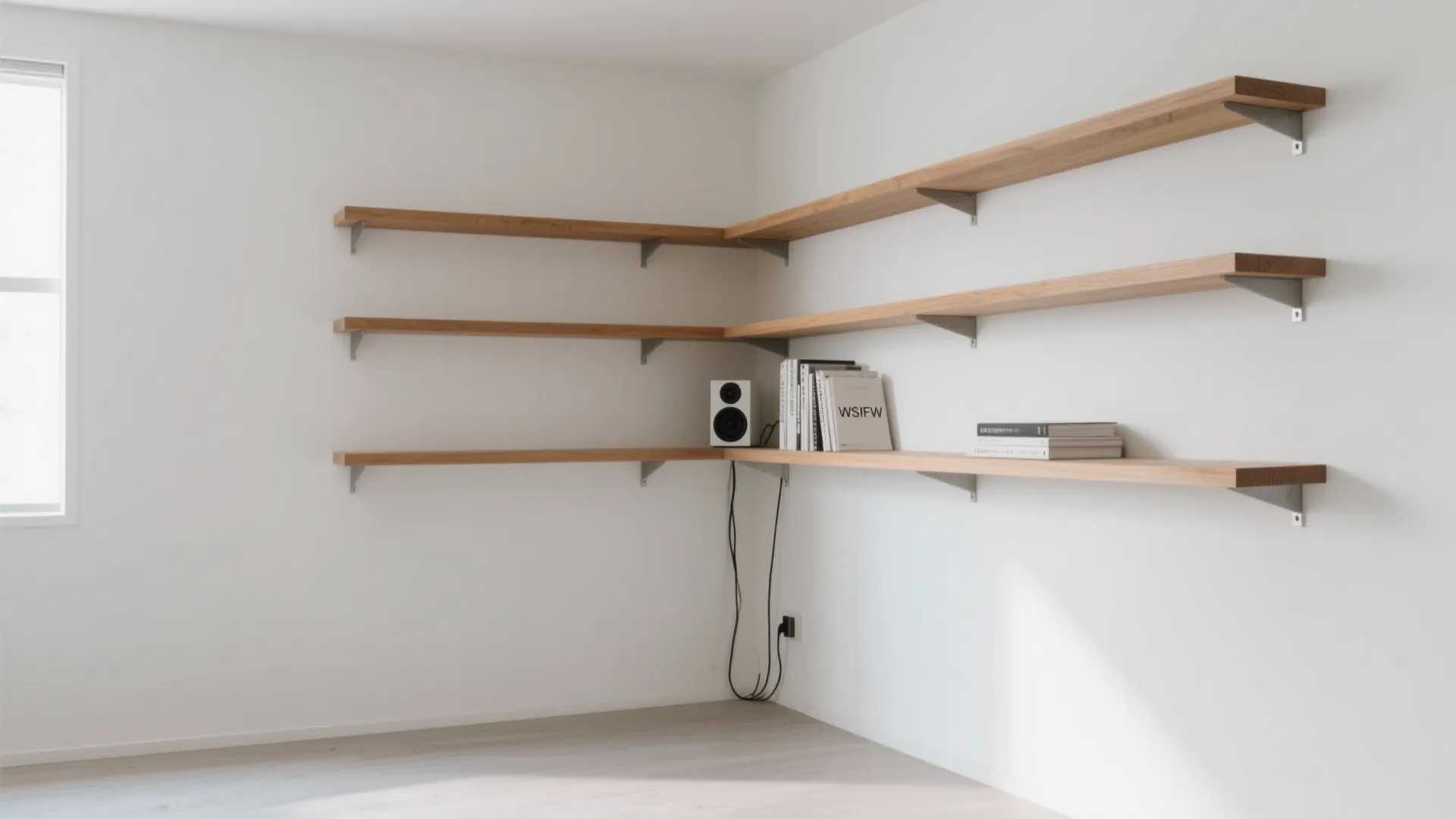 Minimalist white room featuring three wooden floating wall shelves with books and a small speaker