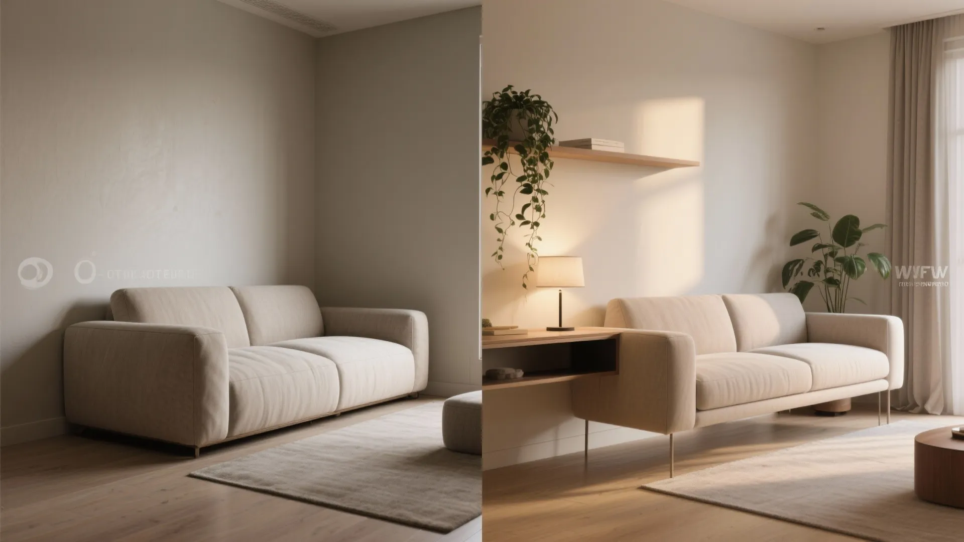 Side by side comparison of a modern beige sofa showing different room styling with warm lighting