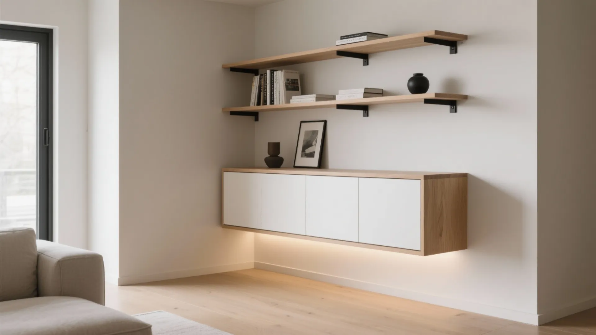 Floating wooden cabinet with white doors under two wooden shelves holding books in bright space