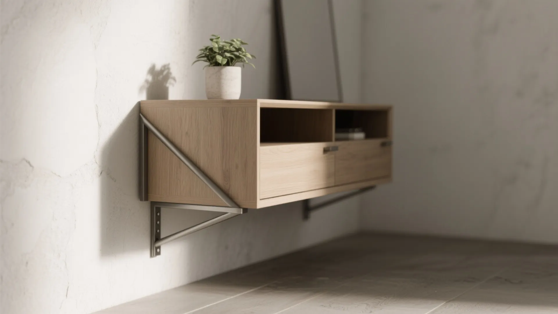 Modern light wood floating cabinet with metal brackets mounted on a white wall with plant