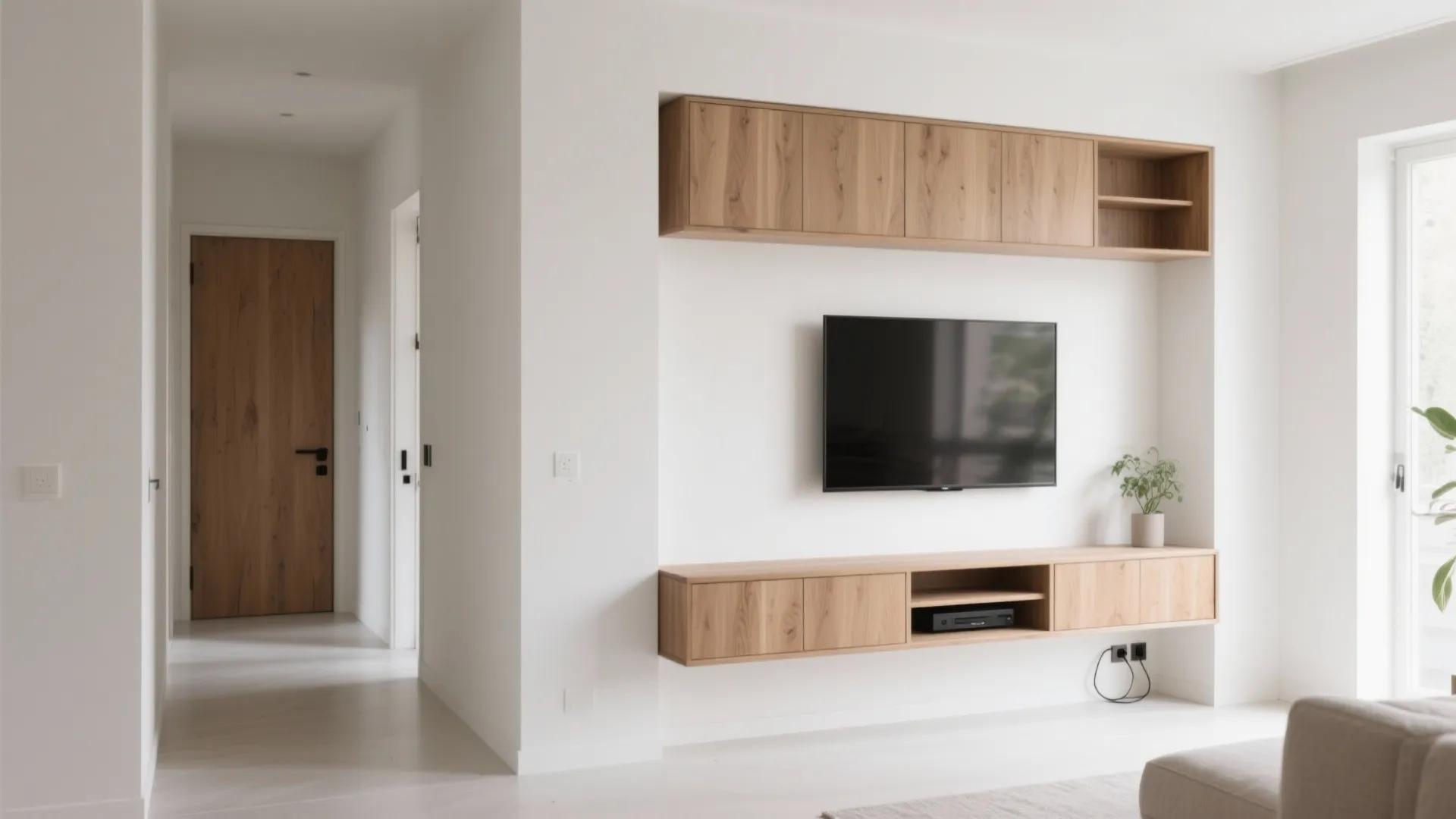 Minimalist white living room featuring floating wooden cabinets television hallway view and natural sunlight from window