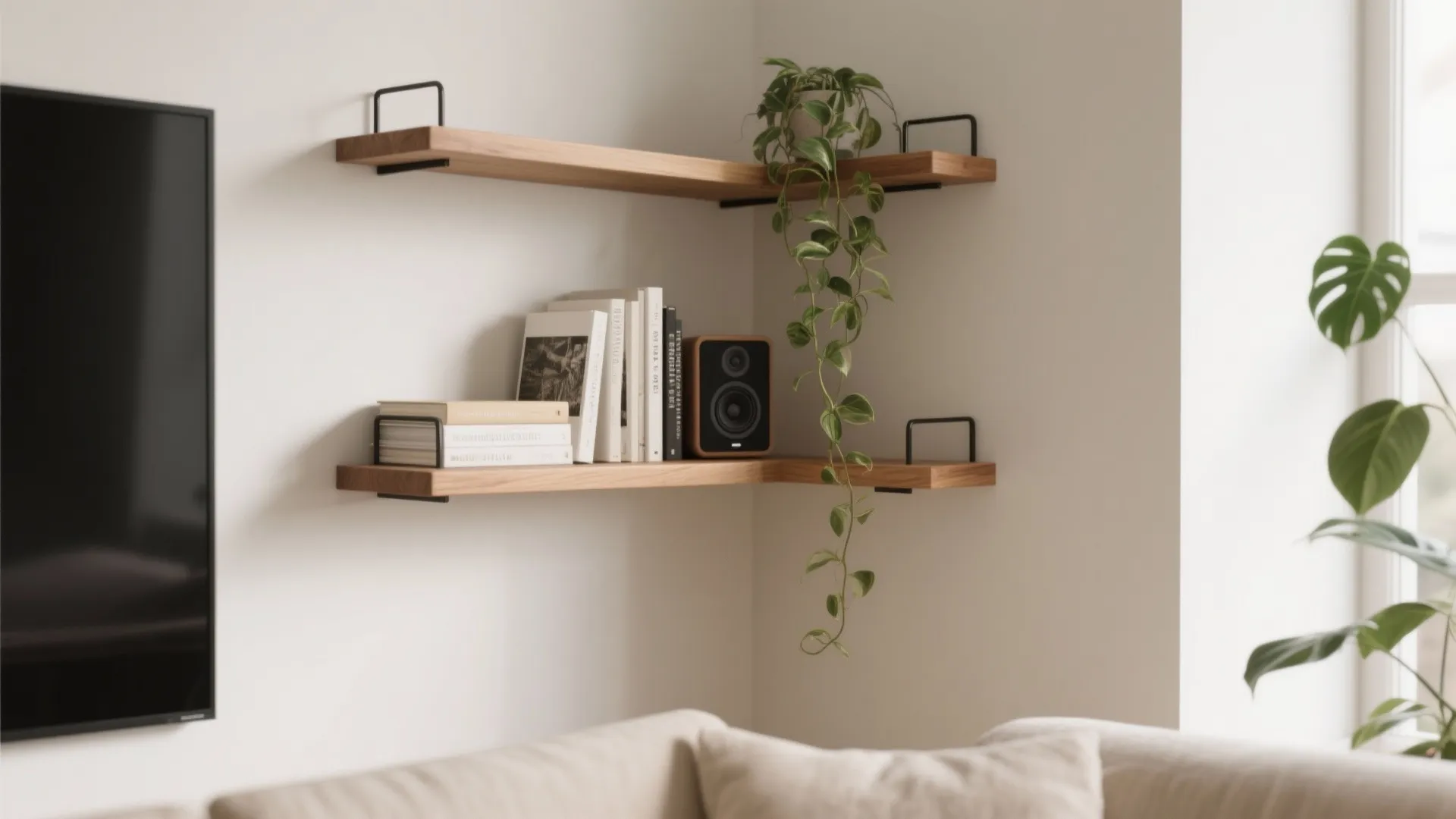 Wooden corner wall shelves holding books a small speaker and a green hanging potted plant