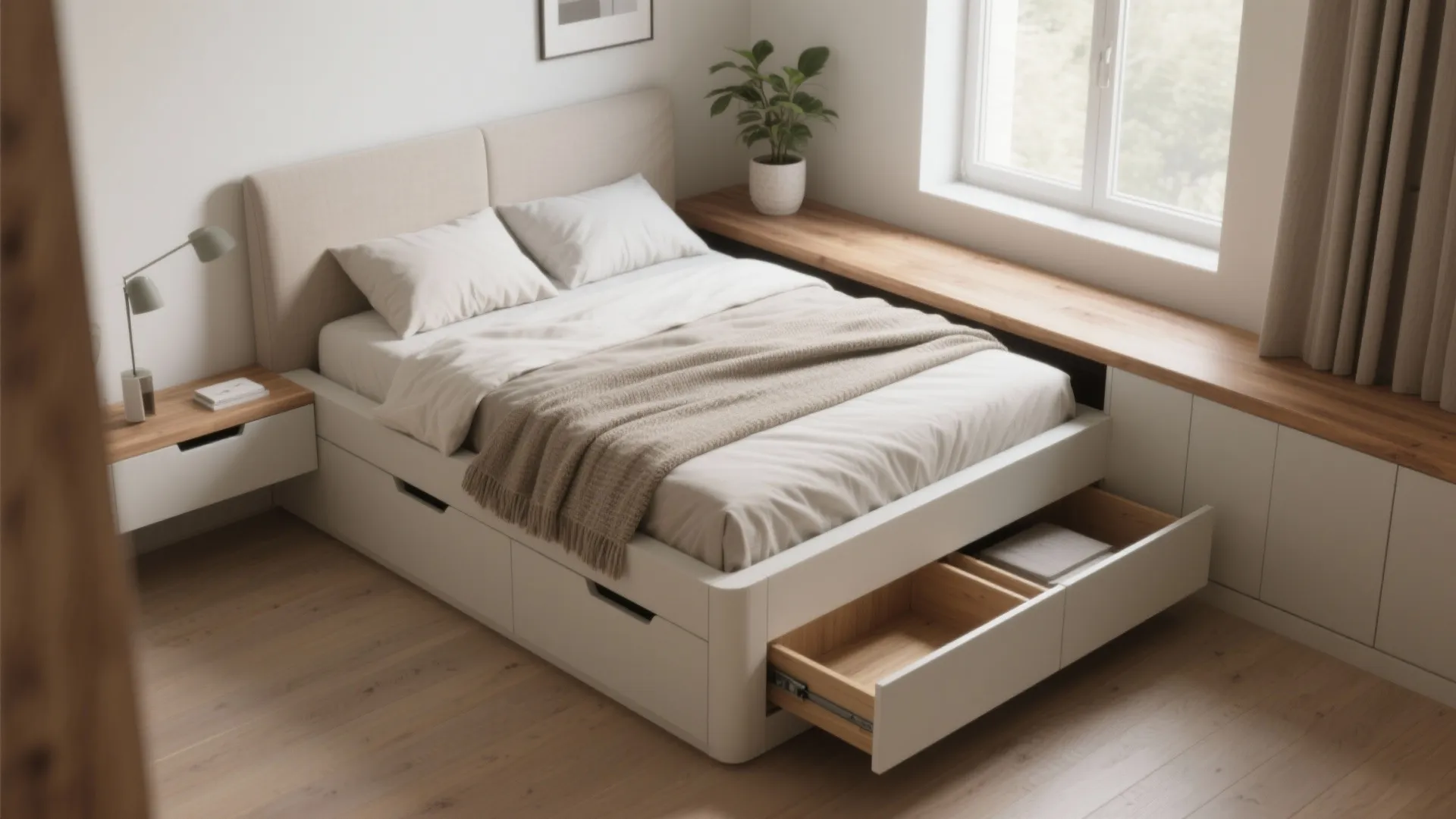 1. Floating Corner Bed with Underbed Drawers