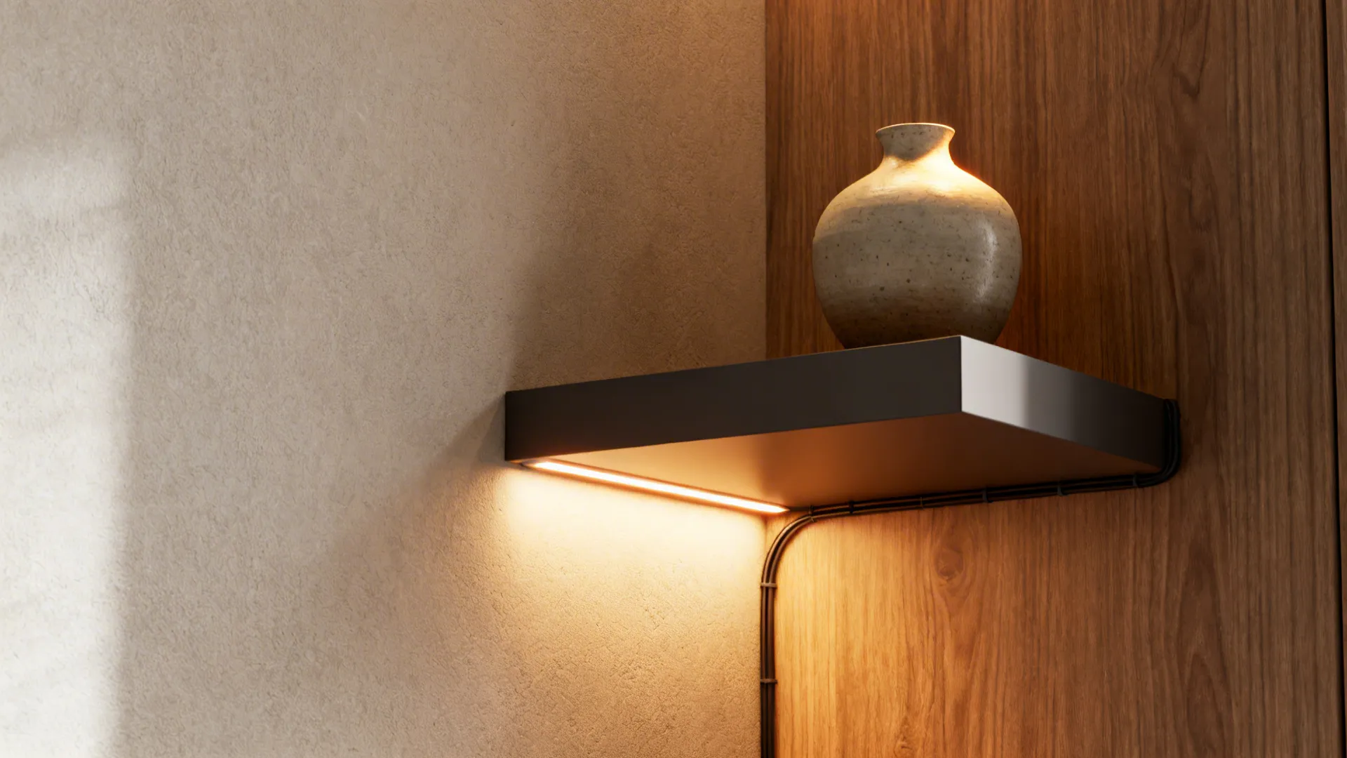 Floating corner box shelf with built-in warm LED lighting showcasing a single vase