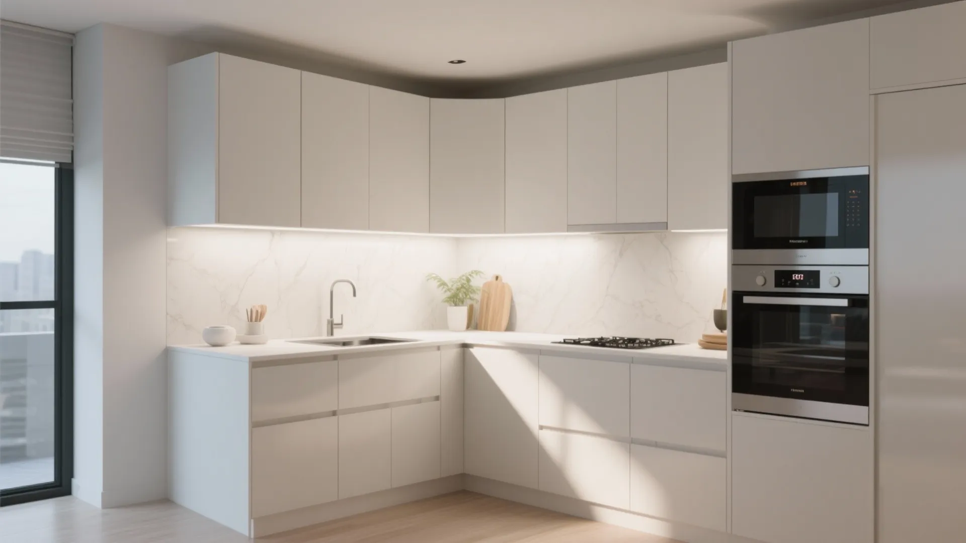 Modern white corner kitchen layout with minimalist cabinets and built in oven plus sink area