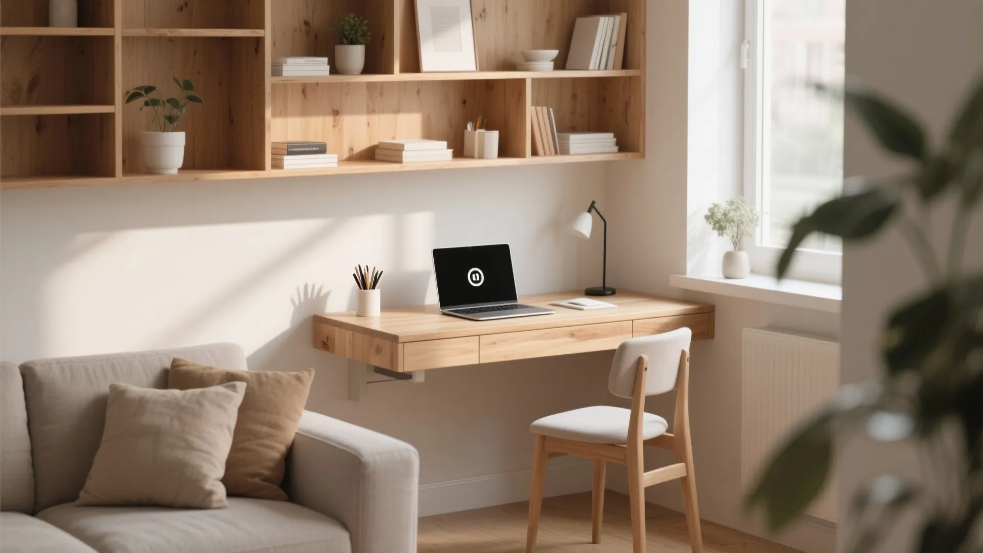Minimalist home office featuring floating wooden desk laptop white chair wall shelves and natural light