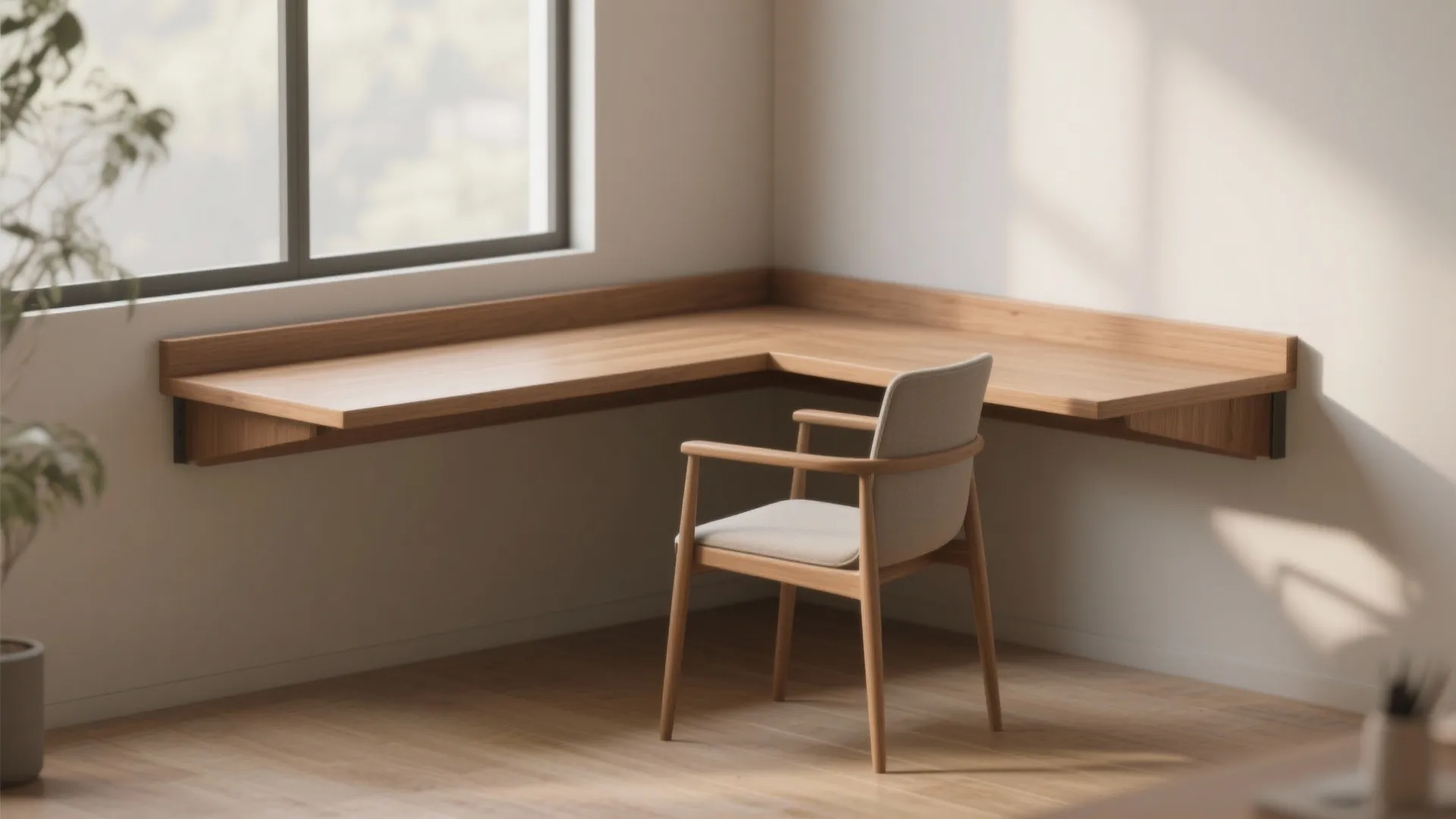 Simple wooden floating corner desk with a matching wood chair near a bright large window