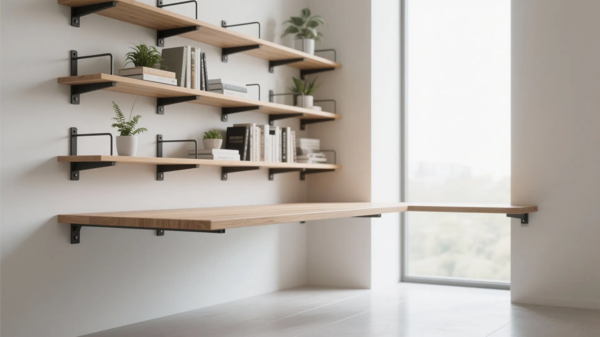 Floating corner desk with plywood top and integrated staggered shelving, showing steel brackets and light wood tones.