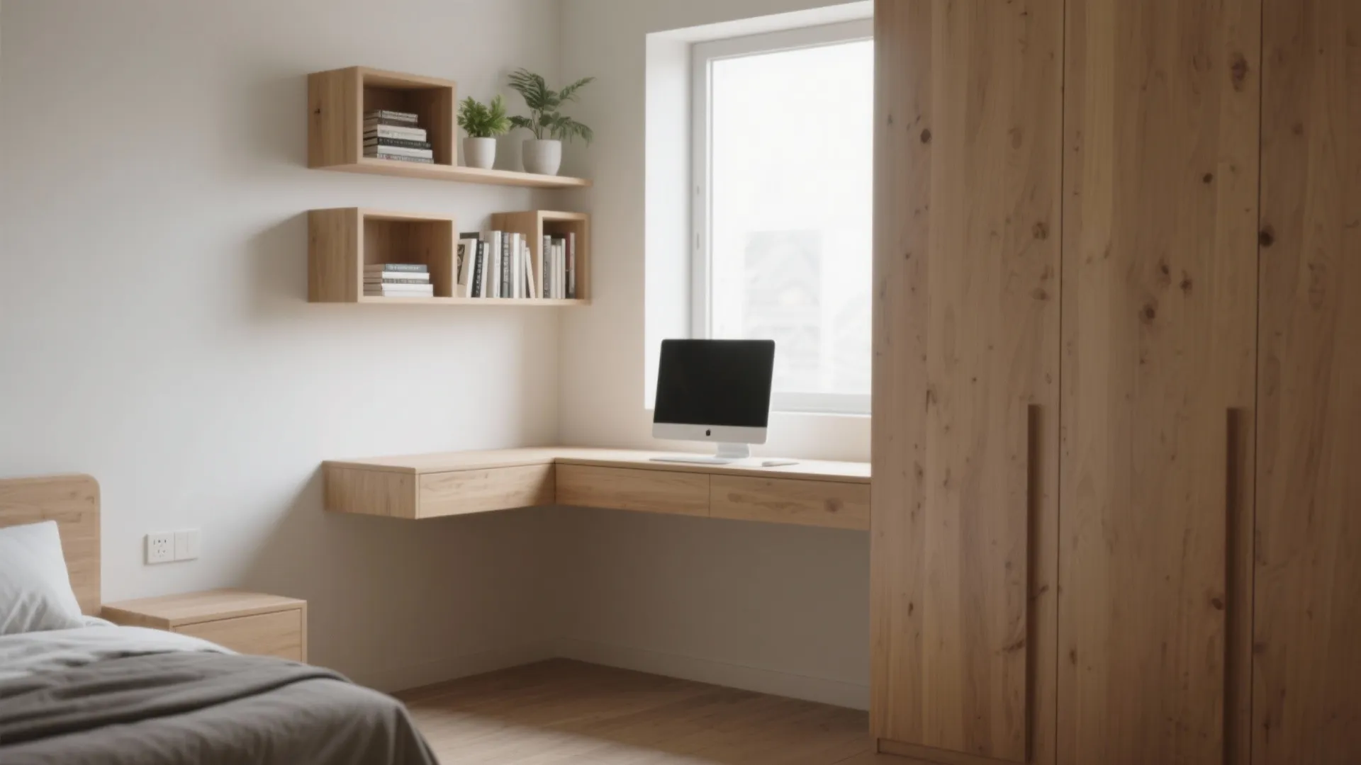 1. Floating corner desk with built-in shelves