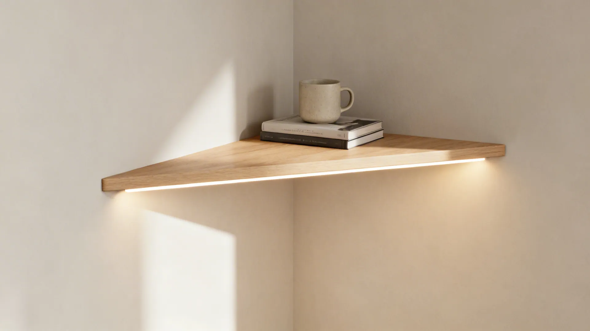 1. Slim floating corner shelf with a lamp