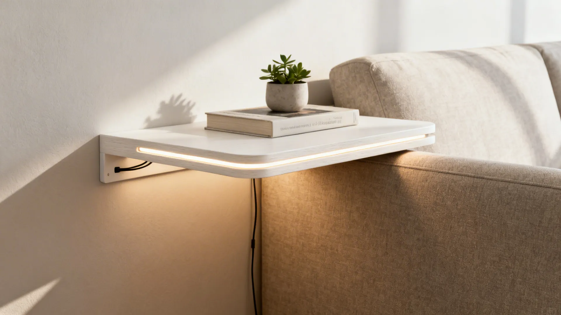 Floating corner shelf with built-in LED lamp and minimal decor above sofa arm.