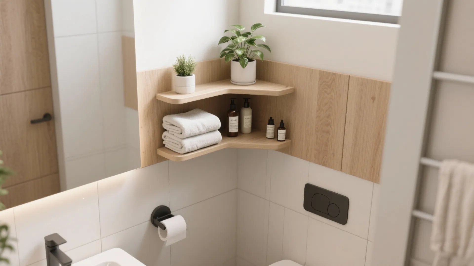 Floating corner bathroom shelves with towels and plants