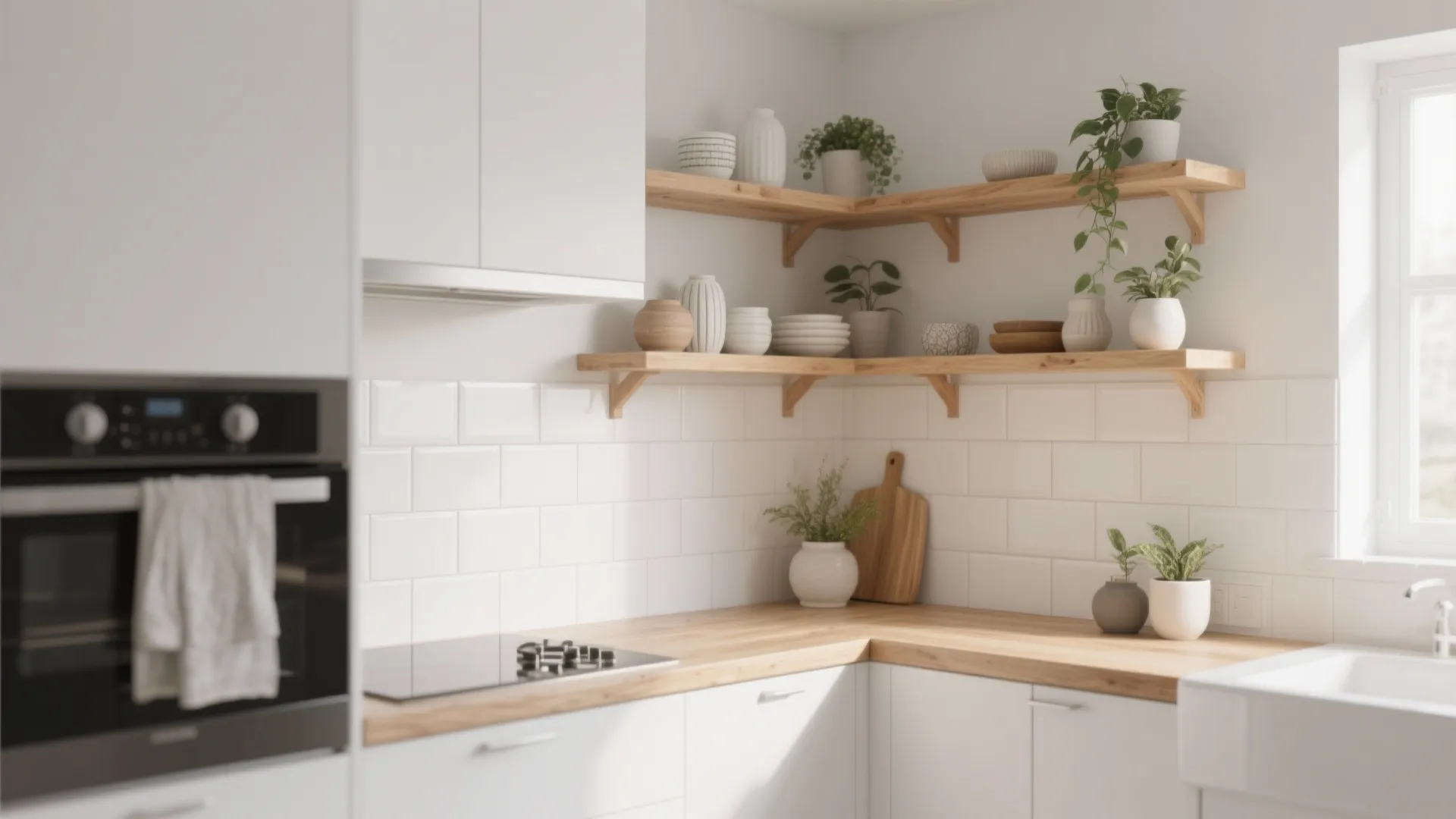 Minimalist white kitchen featuring wooden corner floating shelves decorated with small green plants and ceramic bowls