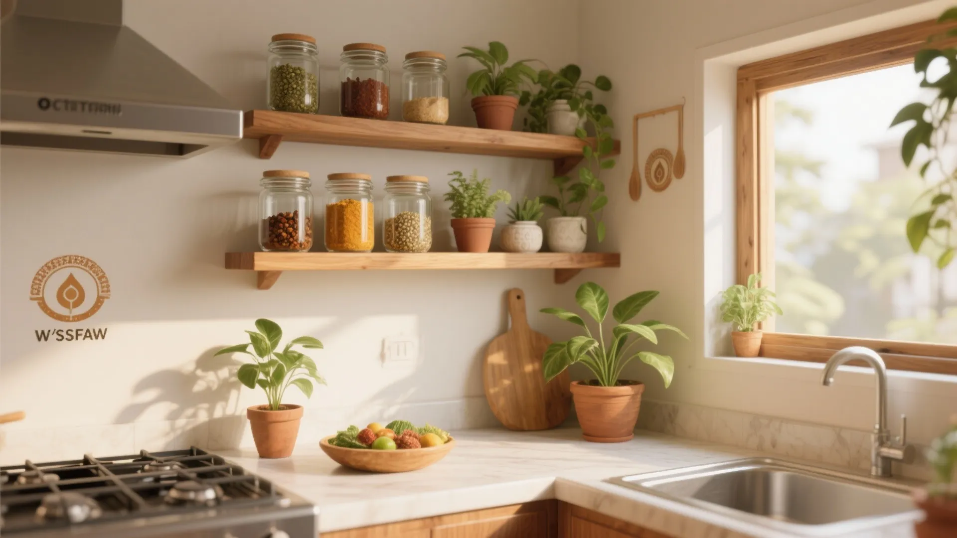 Kitchen corner with floating shelves holding spice jars and plants