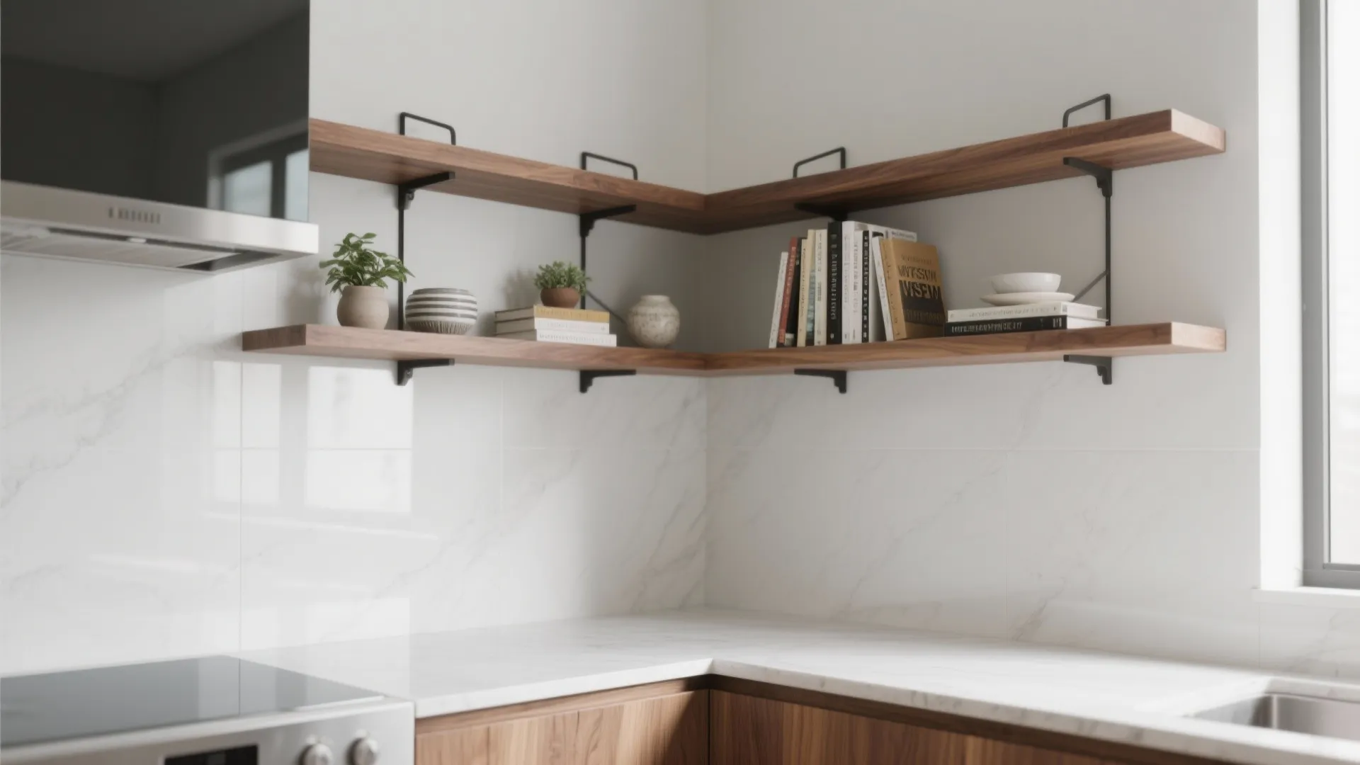 1) Minimalist Floating Corner Shelves