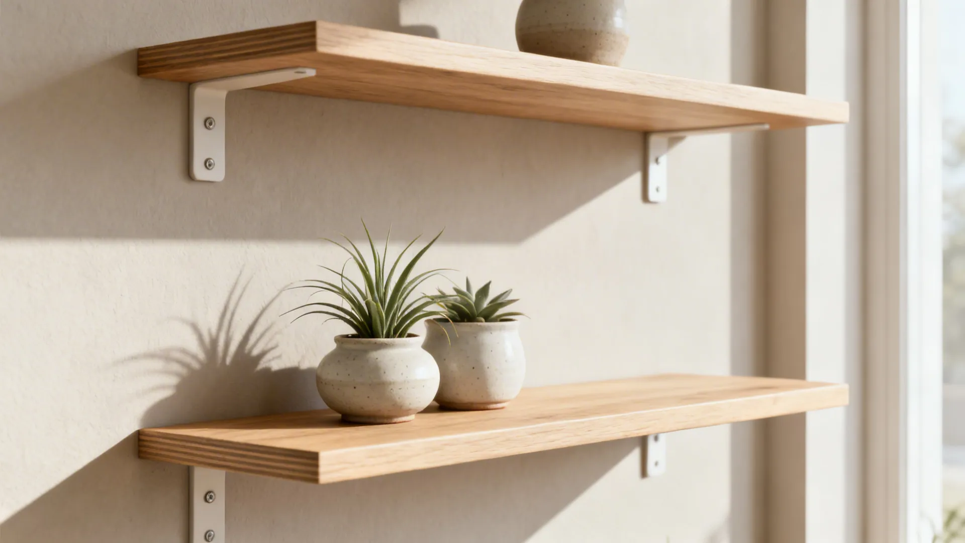 Floating corner shelves with small ceramic pots and air plants in a Scandinavian interior