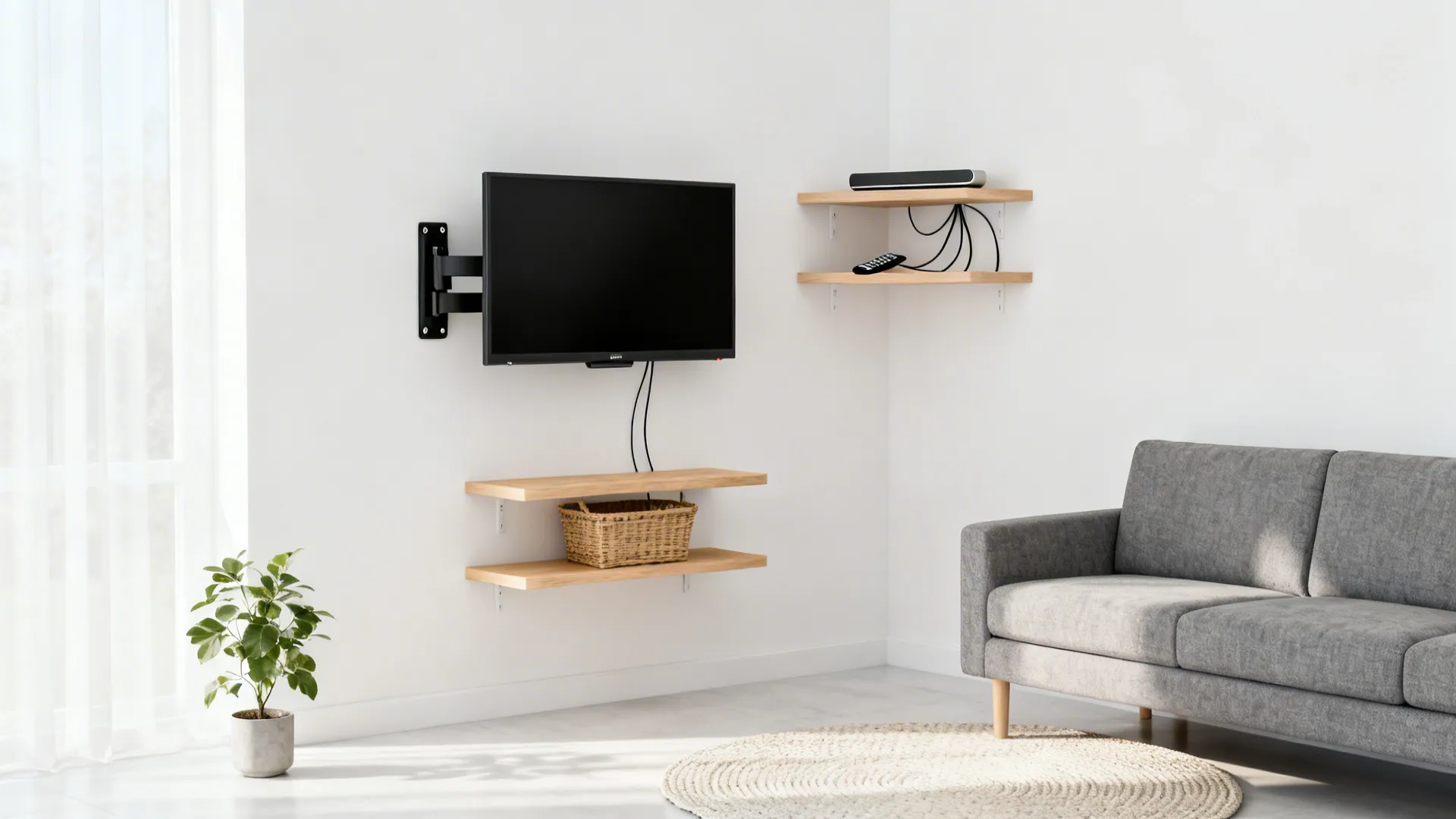 Floating corner shelves under a swivel-mounted TV create a light media station