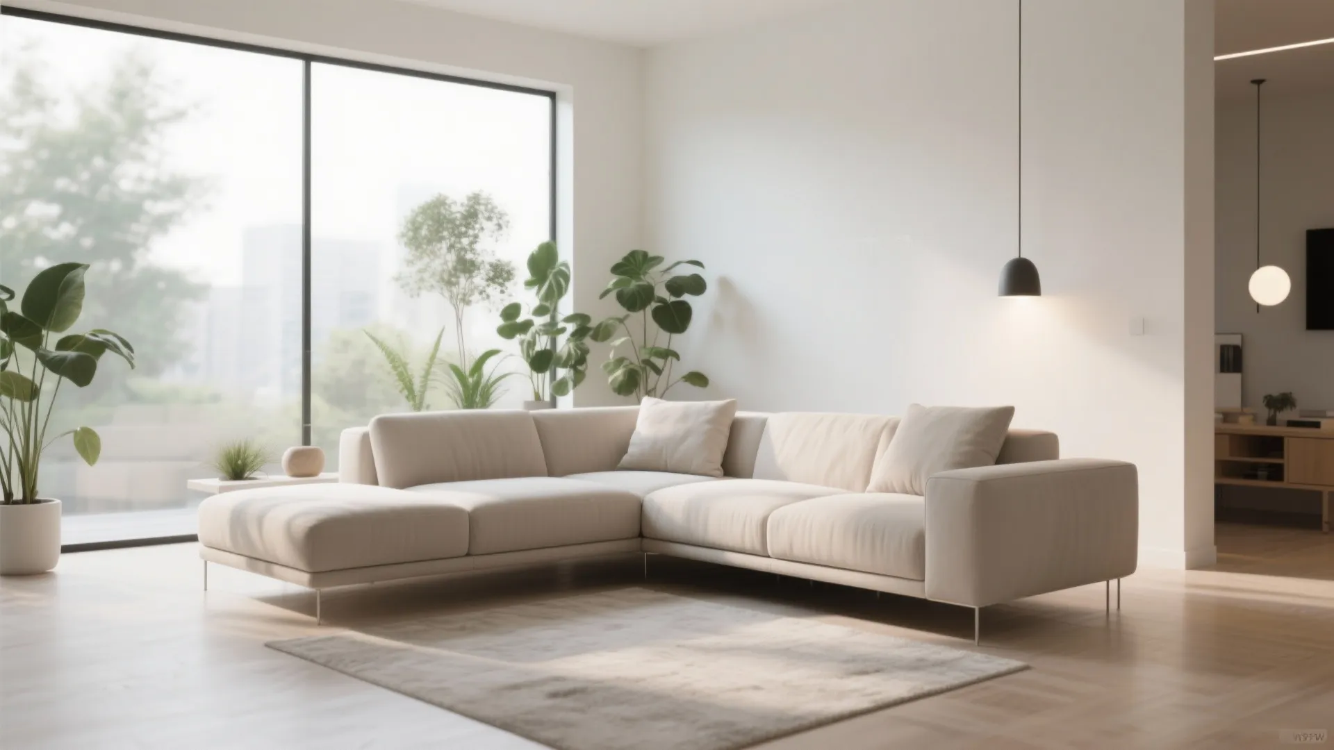Minimalist living room corner with beige sofa thin metal legs green plants and large window