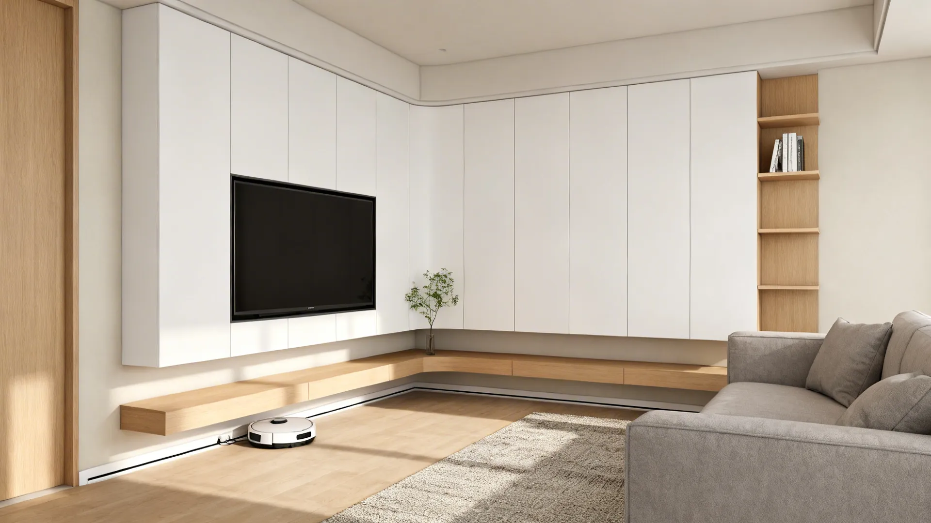 Floating corner TV wall with wall-hung cabinets and hidden wiring in a small living room.