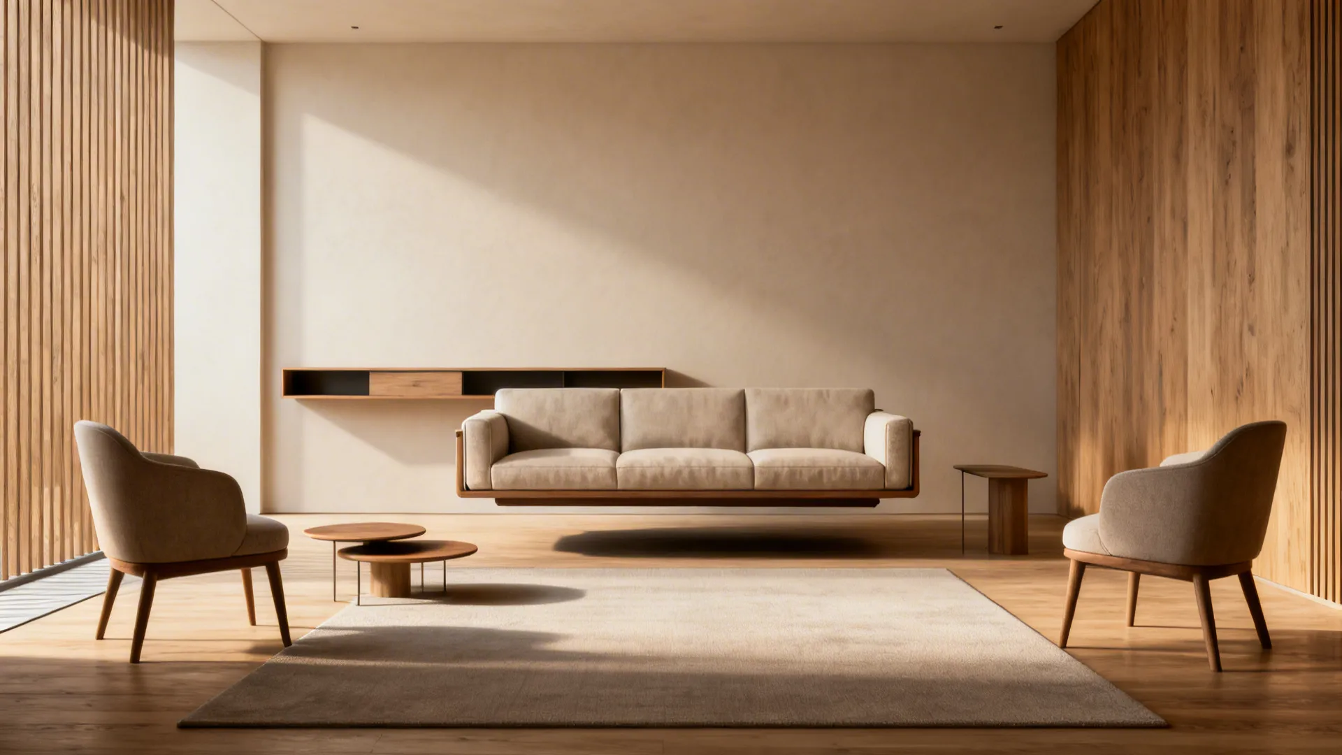 Small living room with a floating couch, slim console behind it, and chairs anchoring one edge of the seating island.