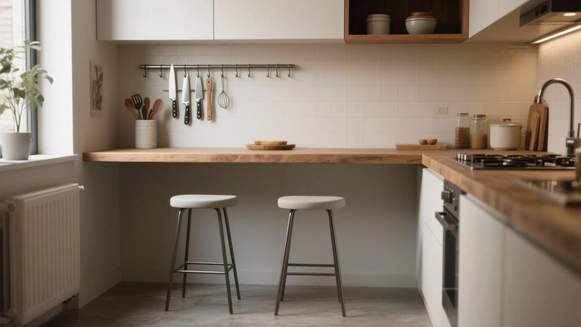 Minimalist kitchen with floating wood breakfast bar, two stools, white cabinets, and hanging kitchen knives