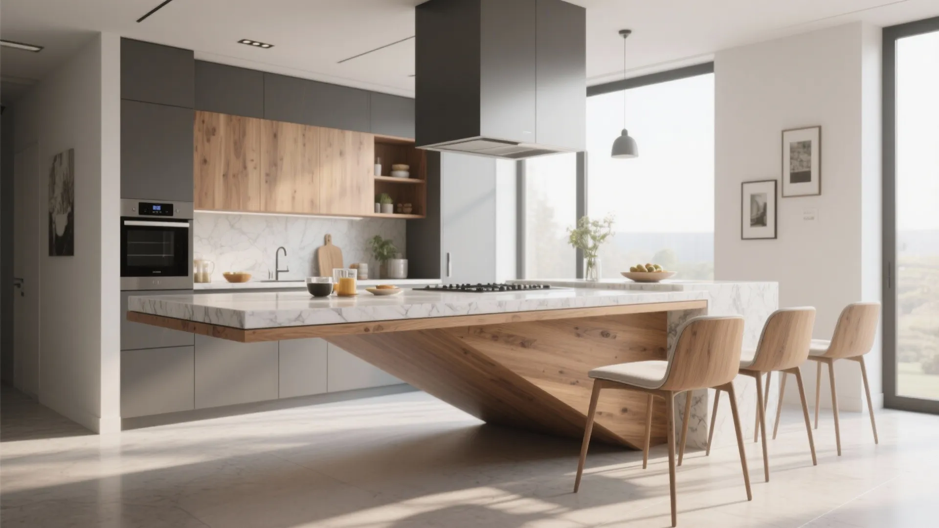 Modern kitchen with floating marble breakfast bar wood base grey cabinets and three wooden chairs