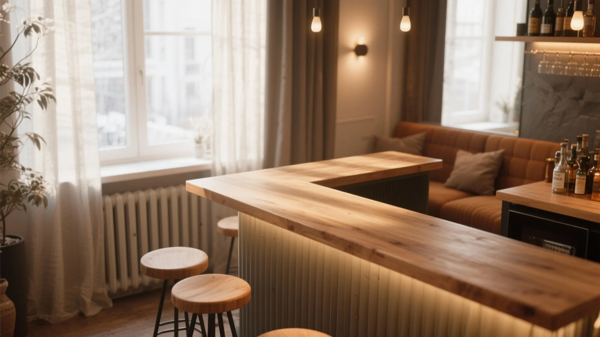 Floating counter above radiator used as bar table