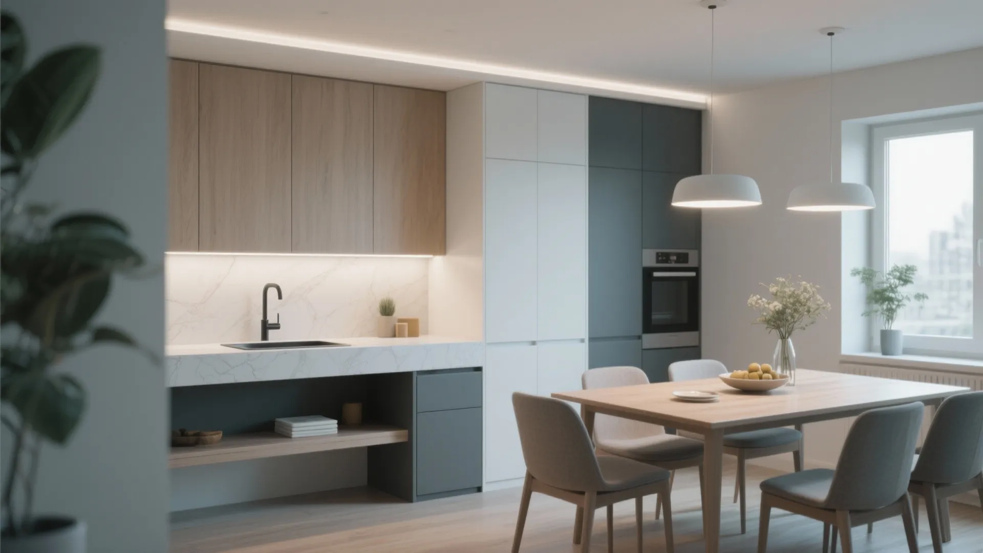 Floating counter wash basin with closed storage in dining area