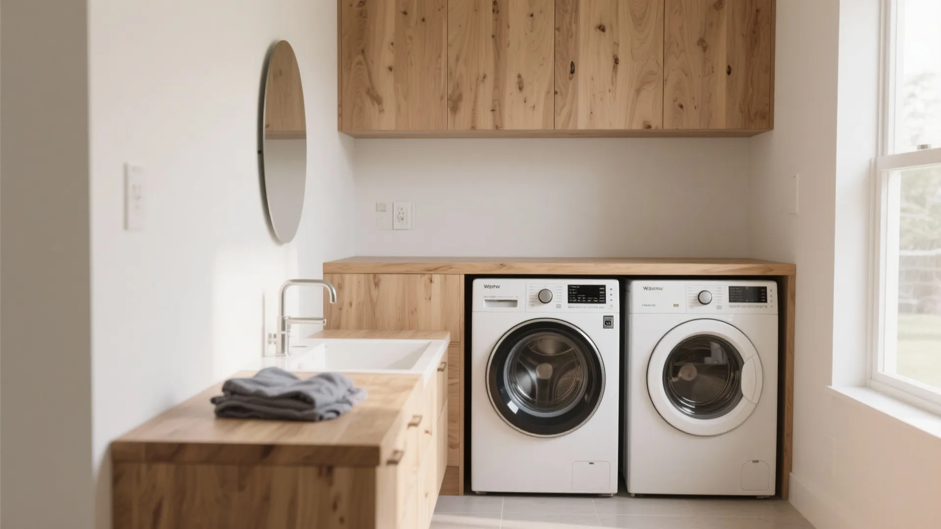 Modern laundry room with wooden cabinets white washing machine dryer sink round mirror and natural light