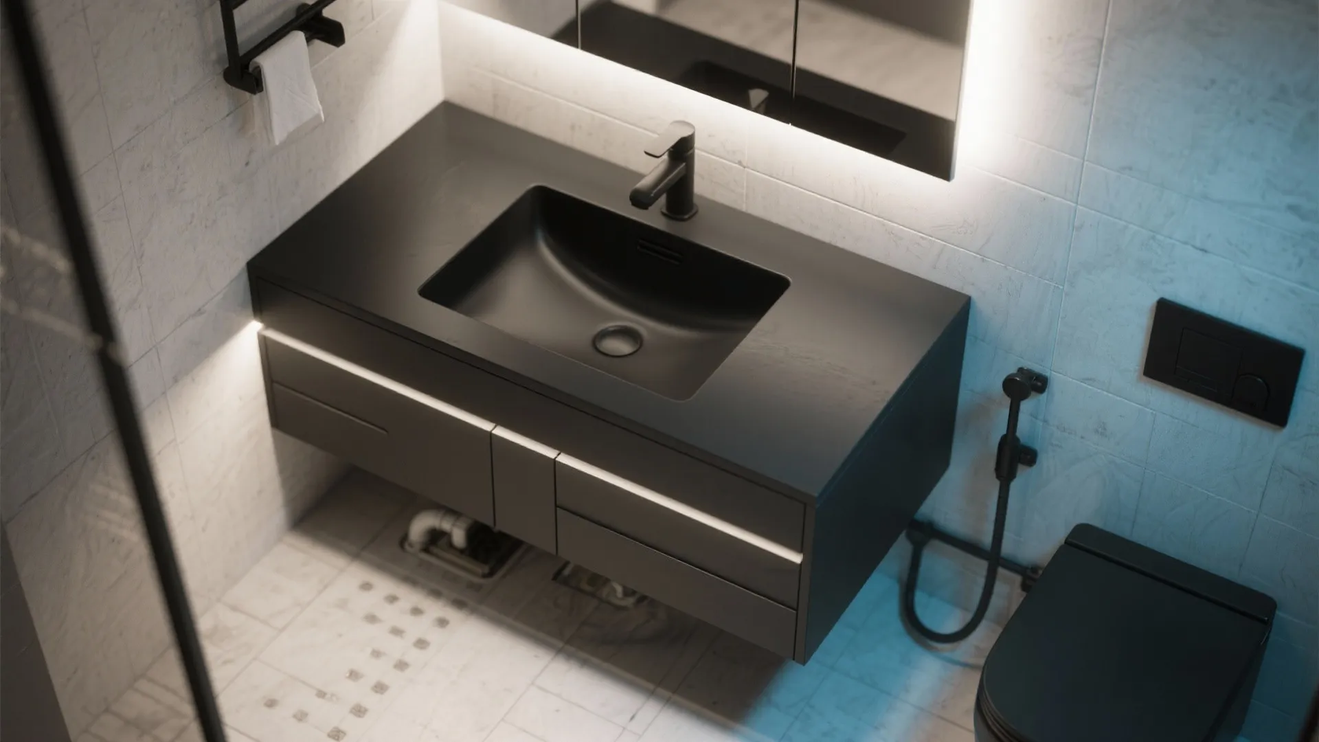 Modern bathroom design with a black floating sink cabinet backlit mirror and black toilet fixture