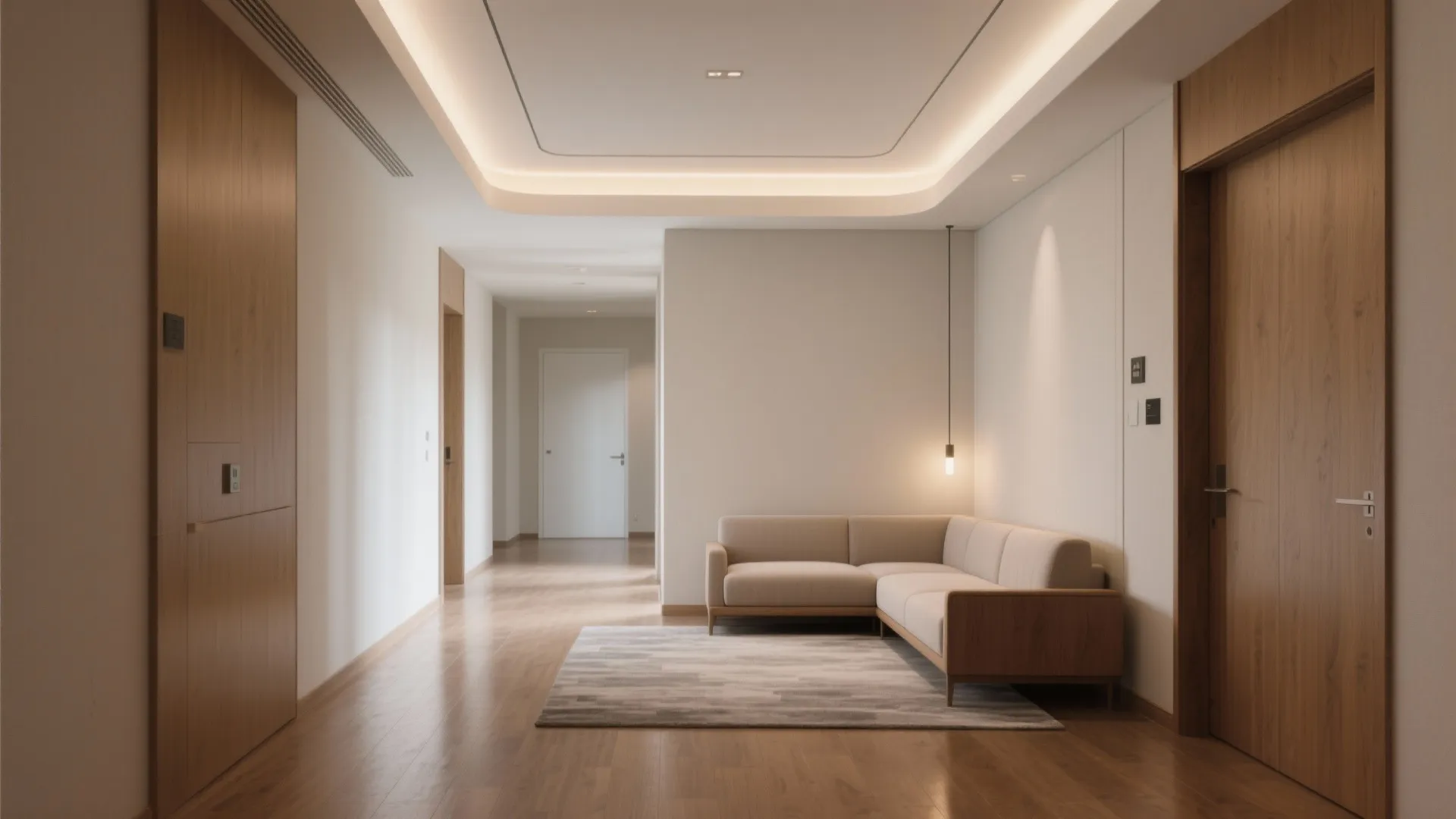 Modern living room with wooden doors beige sofa rug and warm ceiling light fixture design