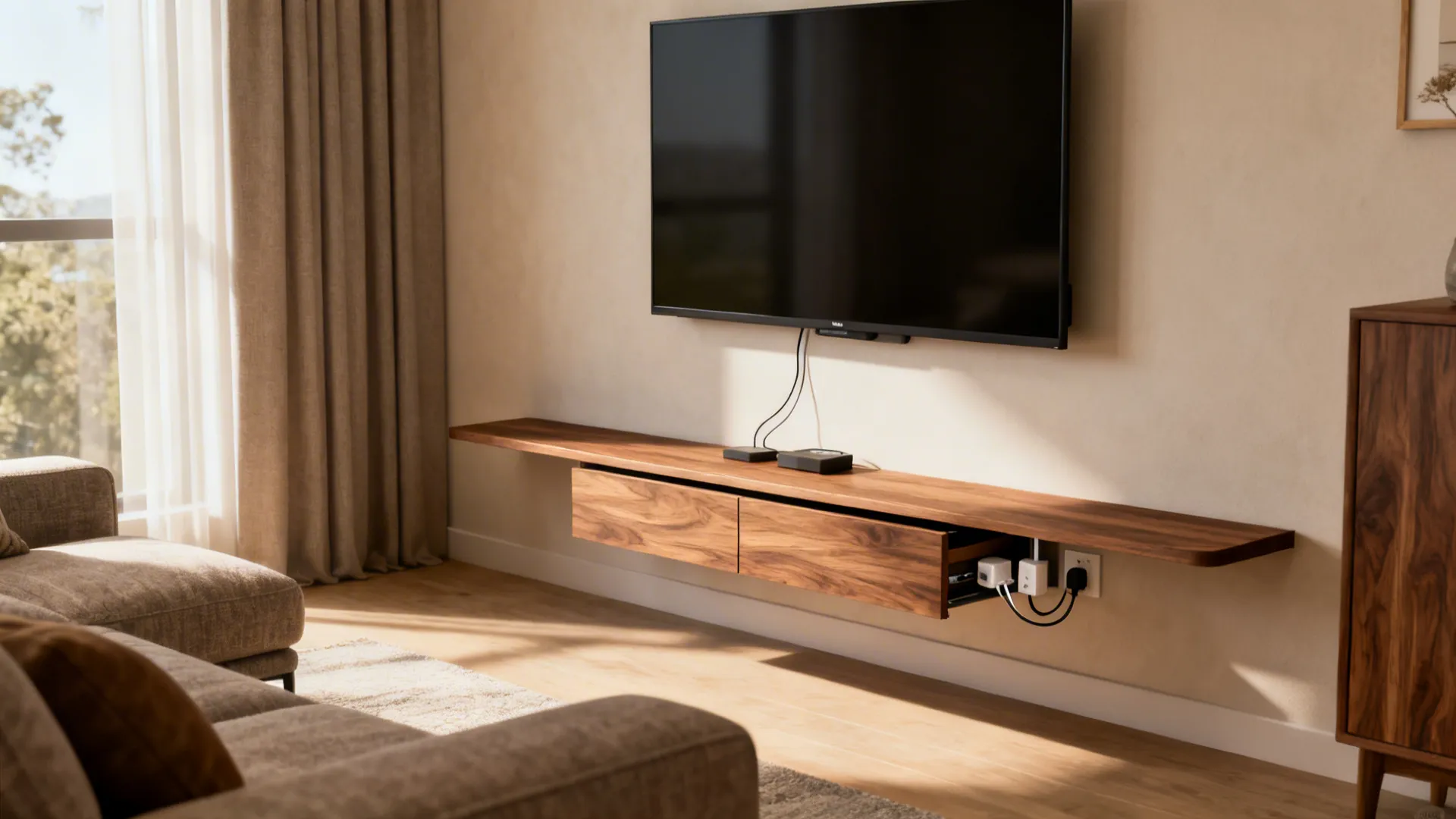 Wall-mounted TV above a slim floating credenza hiding power strips and cables