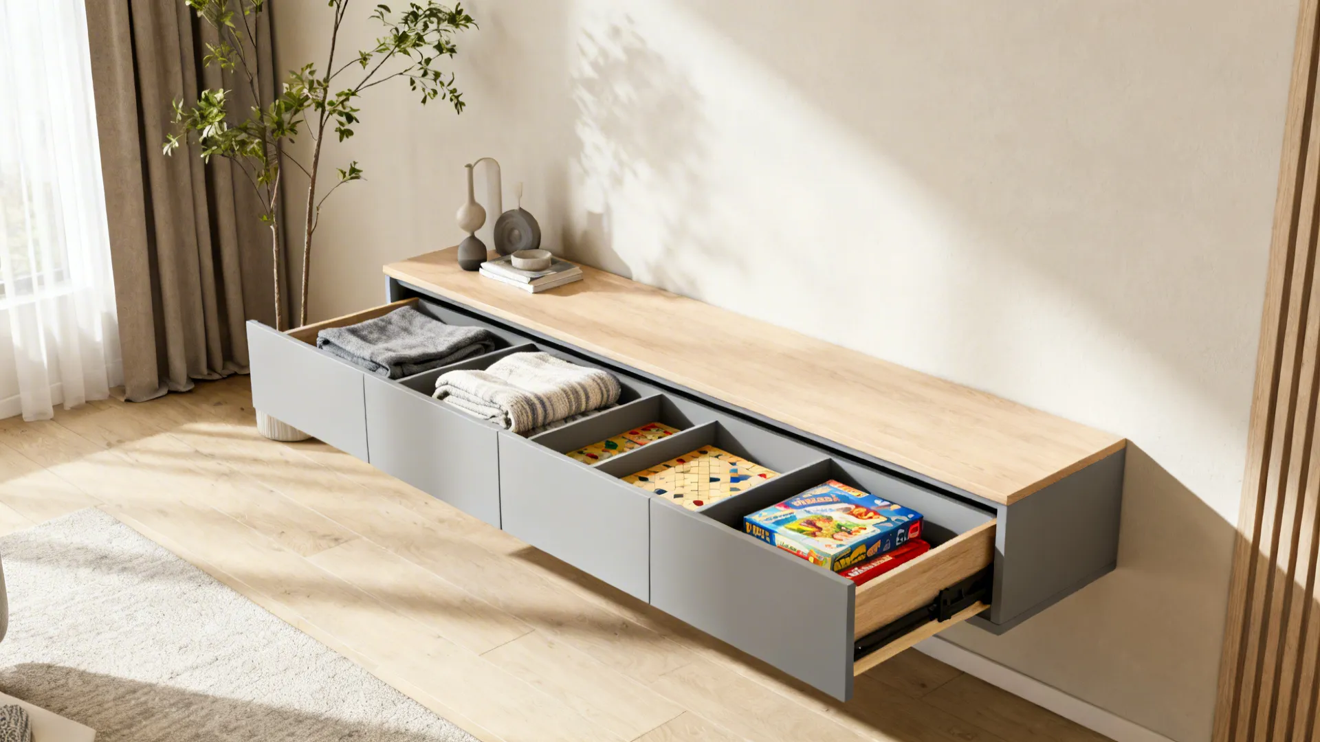 Floating low credenza in a small living room with visible floor space and a tall plant