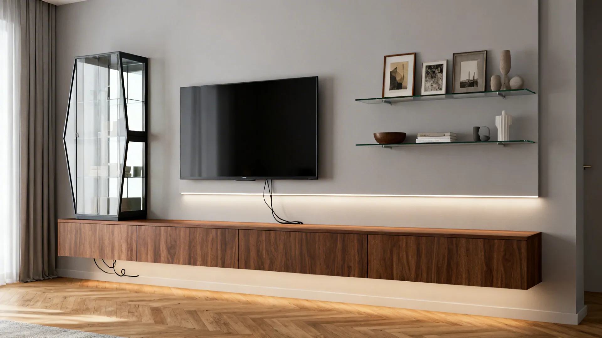 Floating walnut credenza with asymmetrical low-iron glass showcase beside a wall-mounted TV.