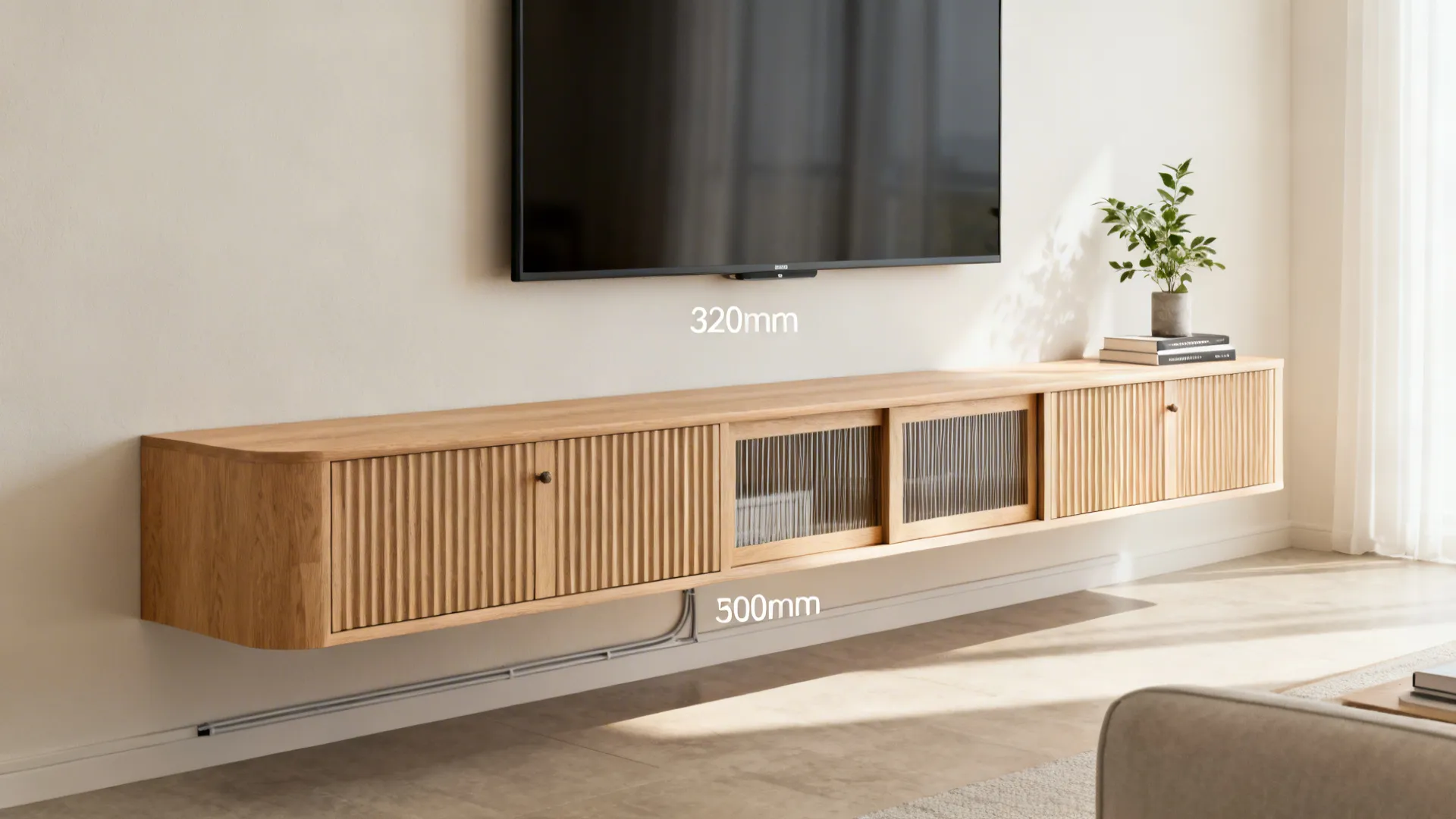 Floating oak credenza below a wall-mounted TV with clean cable management in a bright living room.