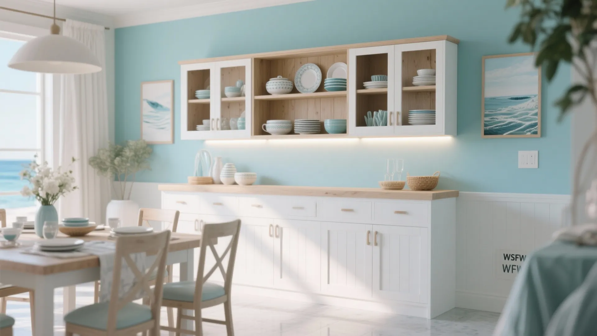 Coastal dining room with blue walls white cabinet wooden top wall light and dining table