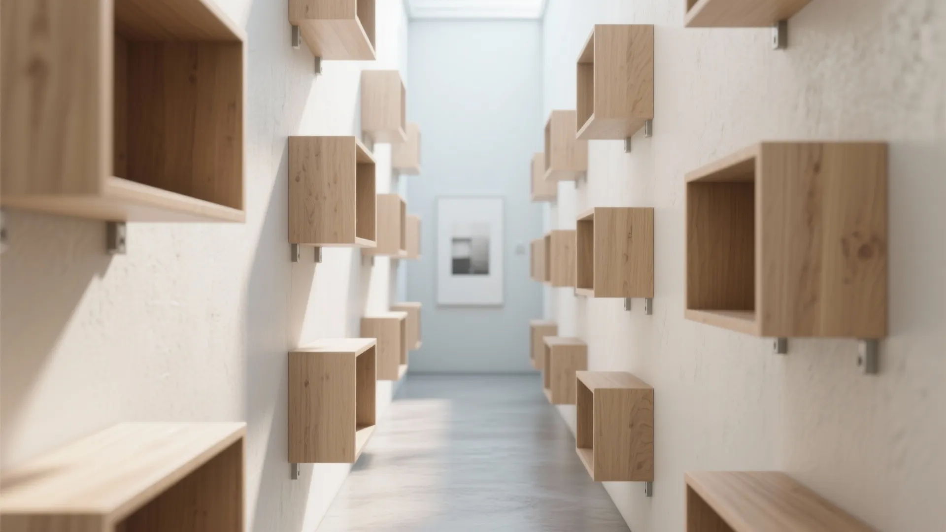 Long white hallway featuring many square wooden floating wall boxes for storage and modern home decoration