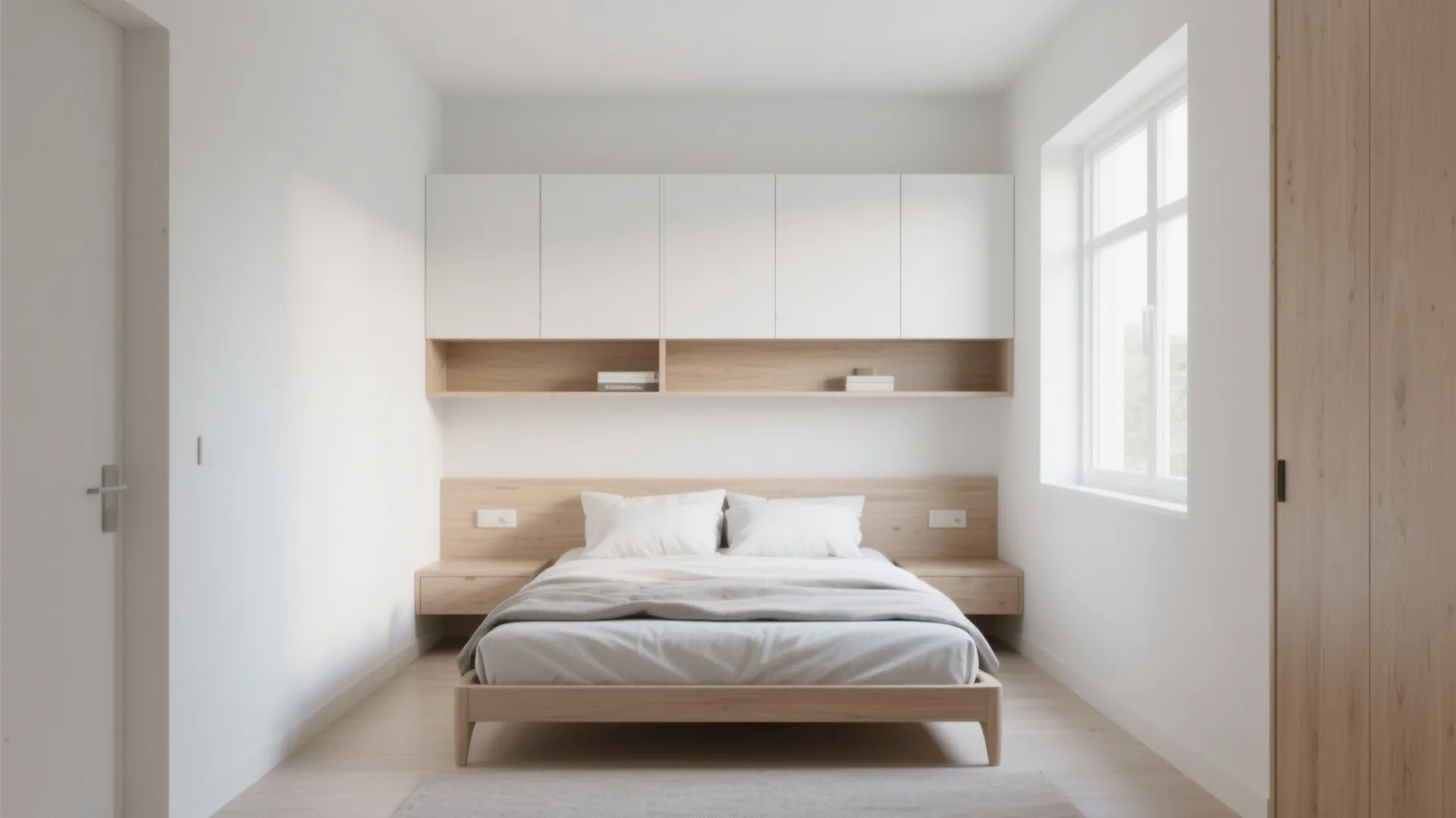 Minimalist bedroom design with white wall cabinet units hanging above a wooden bed and headboard