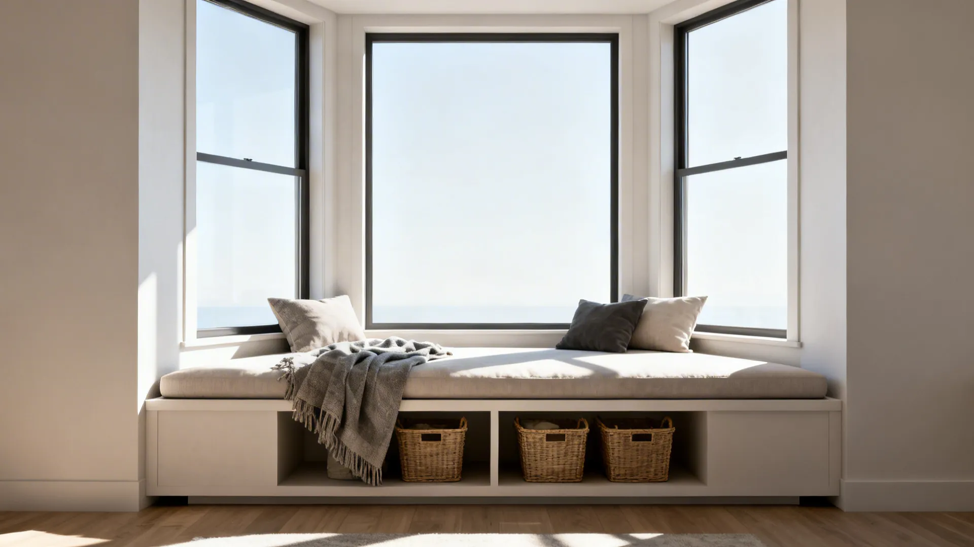 Floating daybed in a bay window with under-bed baskets and soft cushions for lounging.
