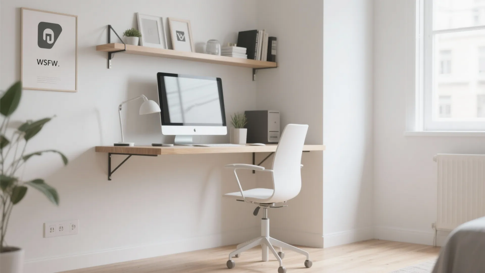 Modern home office setup featuring wooden floating desk white chair computer monitor and wall shelf