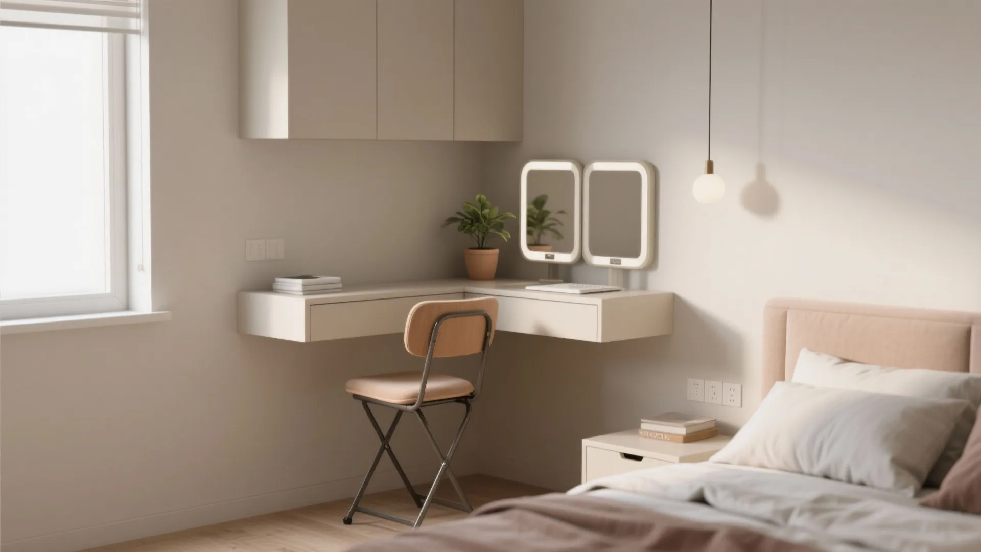 Minimalist bedroom corner featuring a white floating desk with a wooden chair and wall mirrors
