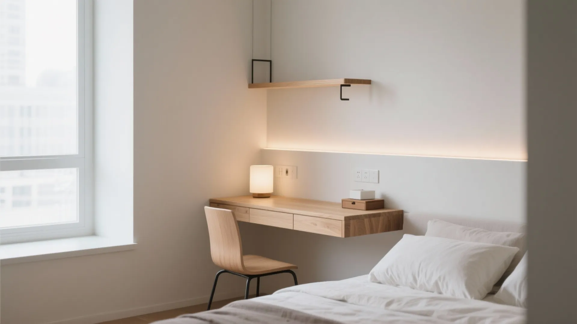 Minimalist wooden floating desk with chair small lamp wall shelf and warm led light strip