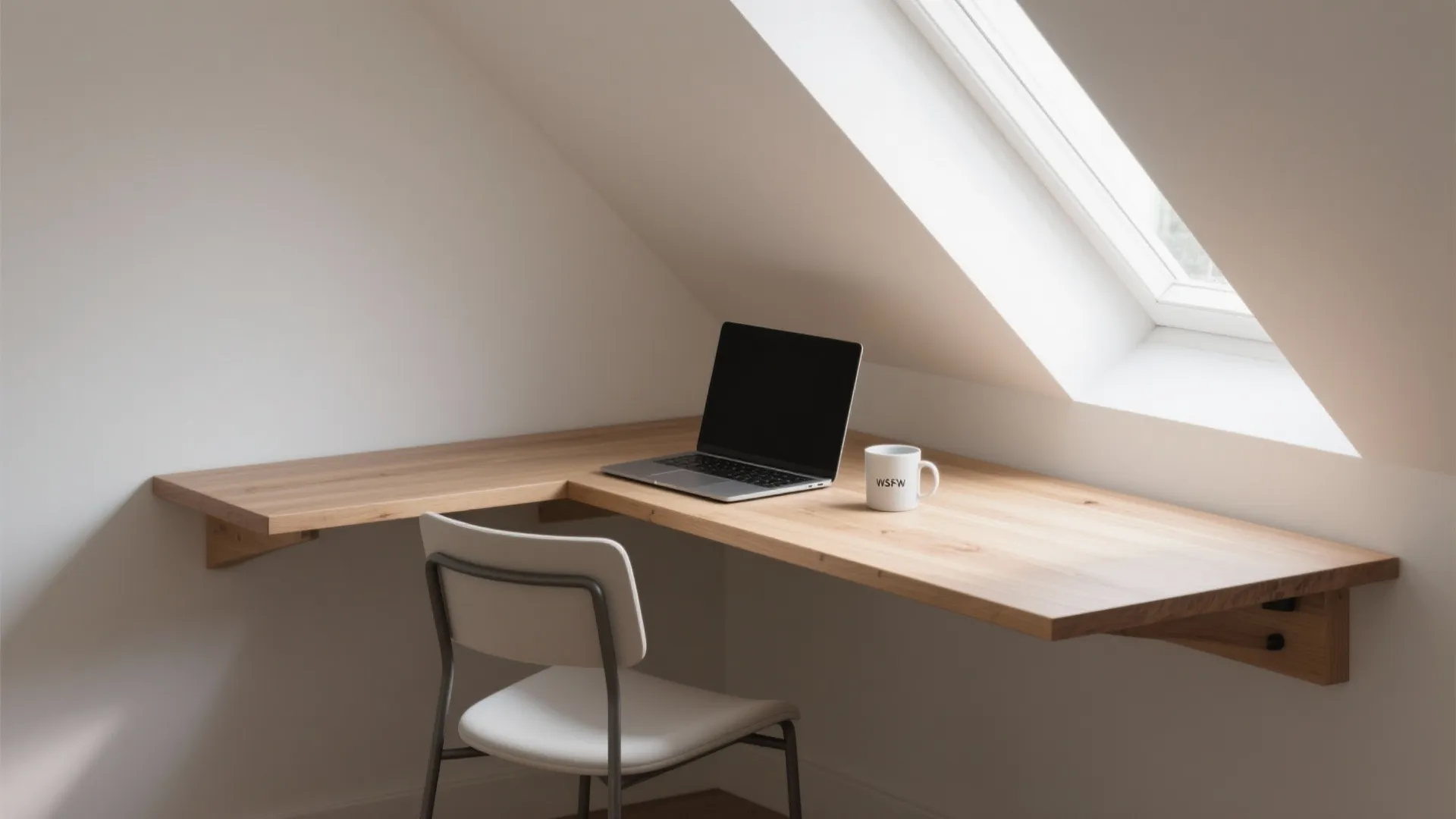 Wooden floating desk in attic workspace with laptop white chair coffee mug and roof window