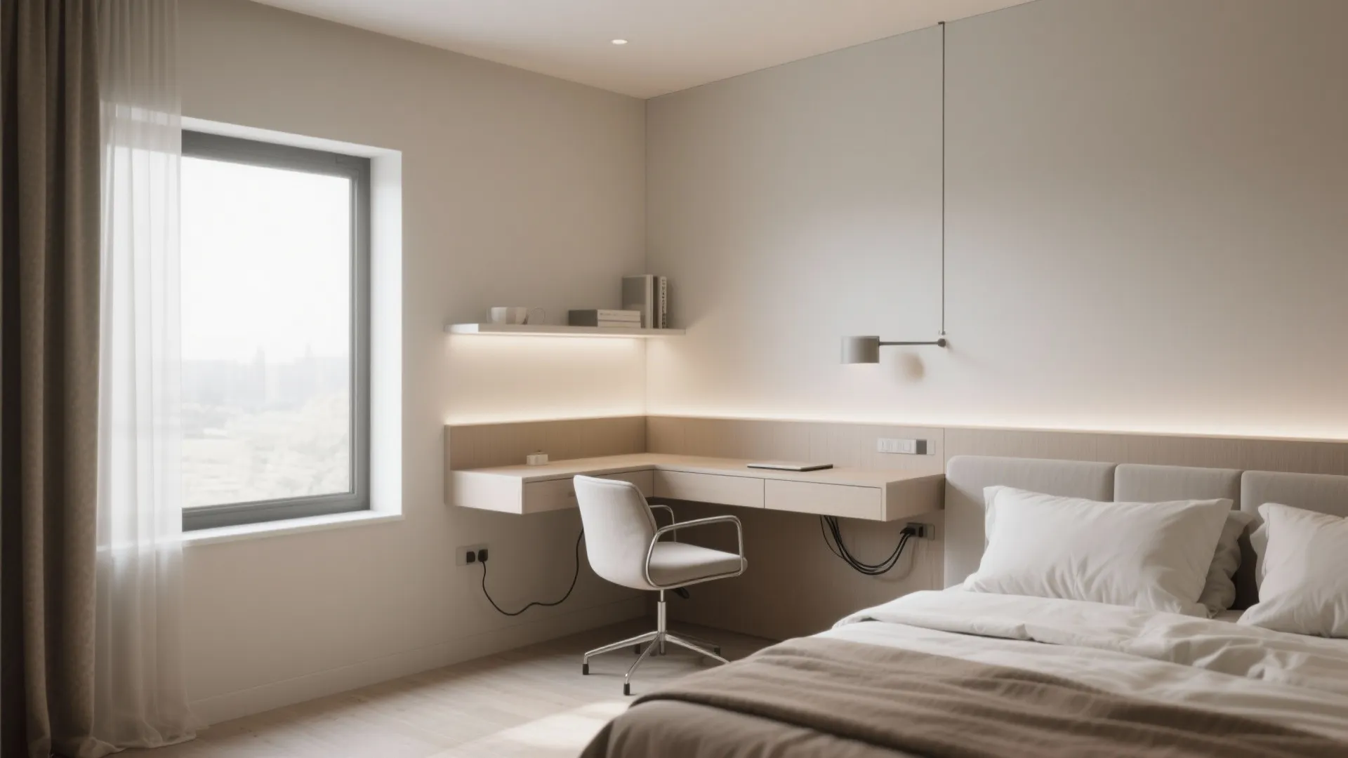 Floating desk in bedroom corner with hidden cables